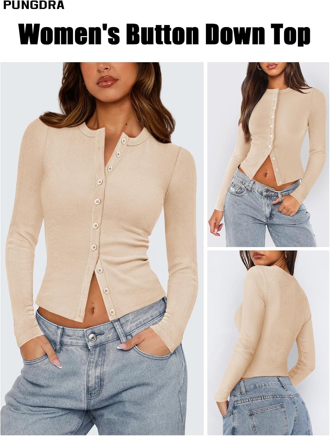 Womens Ribbed Button Down Long Sleeve Top Knit Button Up Fitted Cardigans Cropped Cute Fall Going Out Tops for Women - Image 3