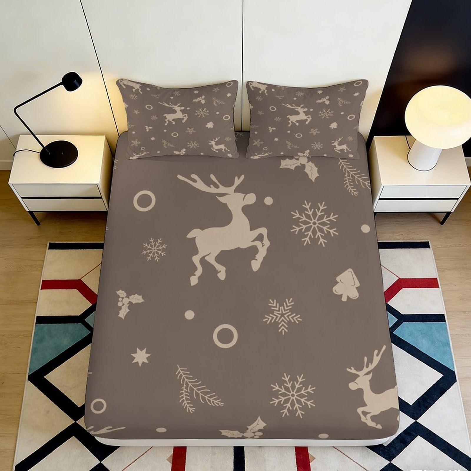 3D Printed Reindeer Snowflake Fitted Sheet Microfiber Anti-Slip Bed Cover for Bedroom Guest Room Mattress Decor 140x200x25cm
