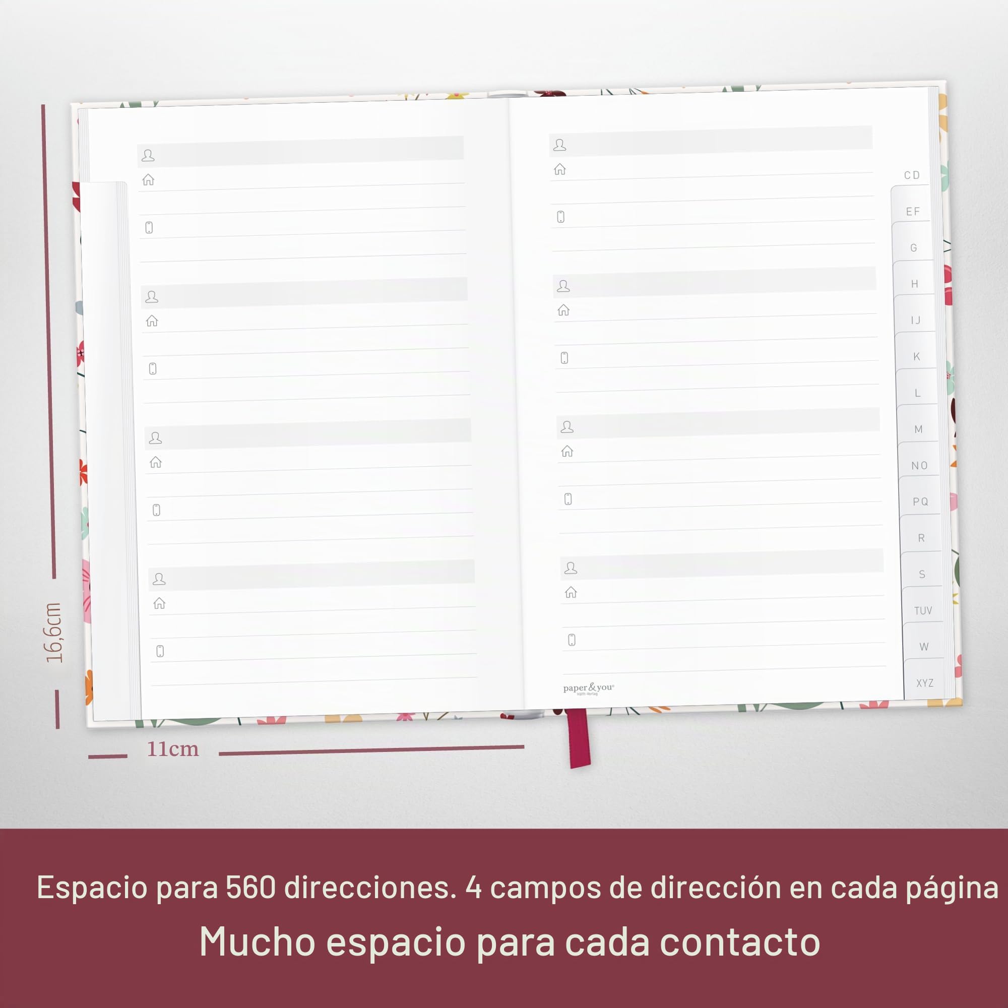 paper&you® libreta de direcciones A6+ con índice A-Z y papel premium "Flor salvaje" de 120 g/m² para contactos, cumpleaños y contraseñas - sostenible & respetuoso con el clima