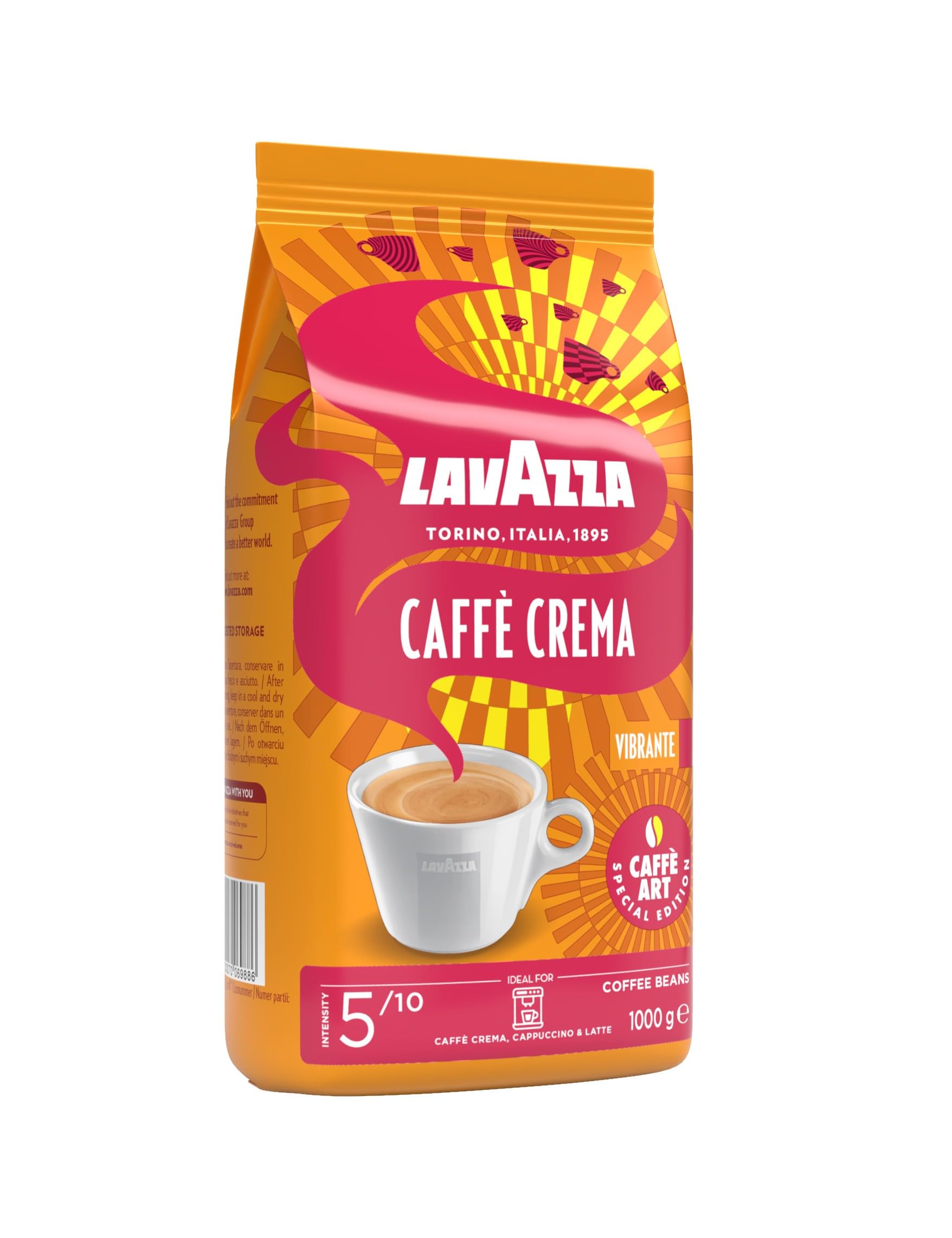 Lavazza, Caffè Crema Leggero, Kaffeebohnen, Ideal für Espresso-Kaffeemaschinen, mit Aromanoten von Kakao und Schokolade, Arabica und Robusta, Intensität 6/10, Mittlerer Röstgrad, 1 kg