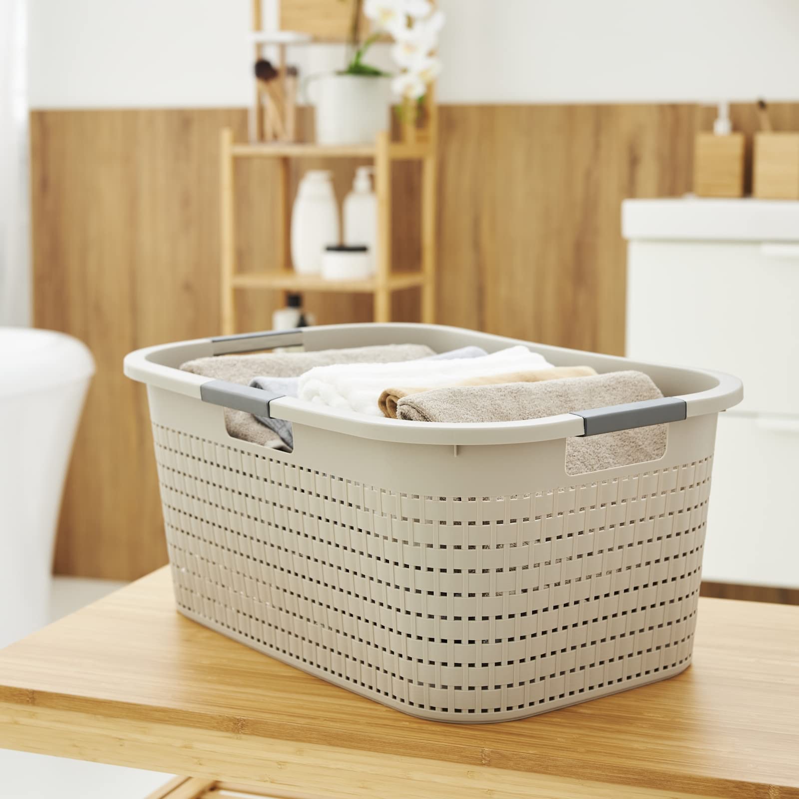 Rotho Country 3er-Set Wäschekorb 40l | Wäschebox in Rattan-Optik | mit Griffen, leicht zu tragen | robust & langlebig | einfach zu reinigen & hygienisch | beige