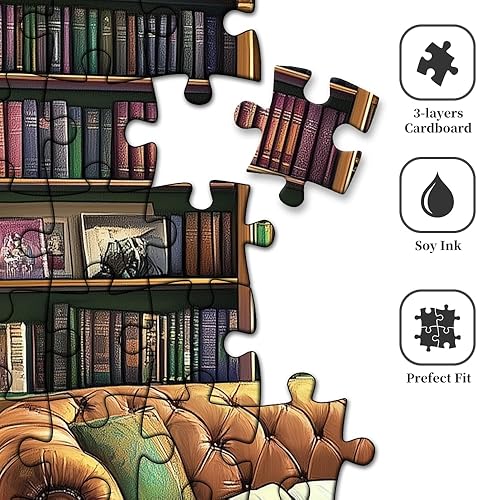 Miniatura 3 de Rompecabezas de biblioteca vintage de 1000 piezas para adultos y familias, desafiante escena acogedora con sofá de cuero (27.56 x 19.69 pulgadas)