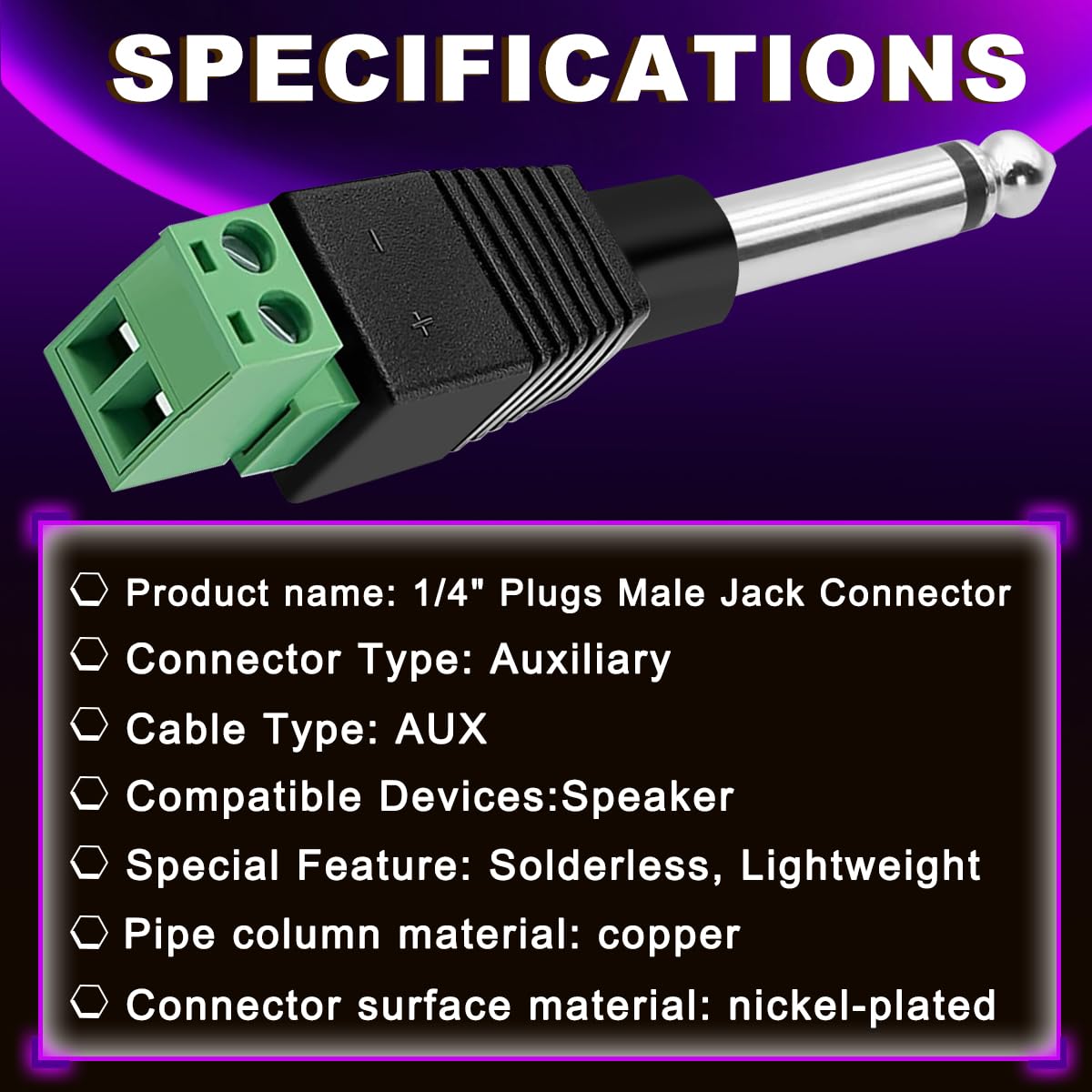 MKBKLLJY 5PCS 1/4" Plugs TS Mono Male Jack Connector 6.35mm Screw Terminal Block Connector 2 Pole Solderless Converter with Slotted Screwdriver E2508 Terminal, for Speaker Guitar Microphone Cables - Image 2
