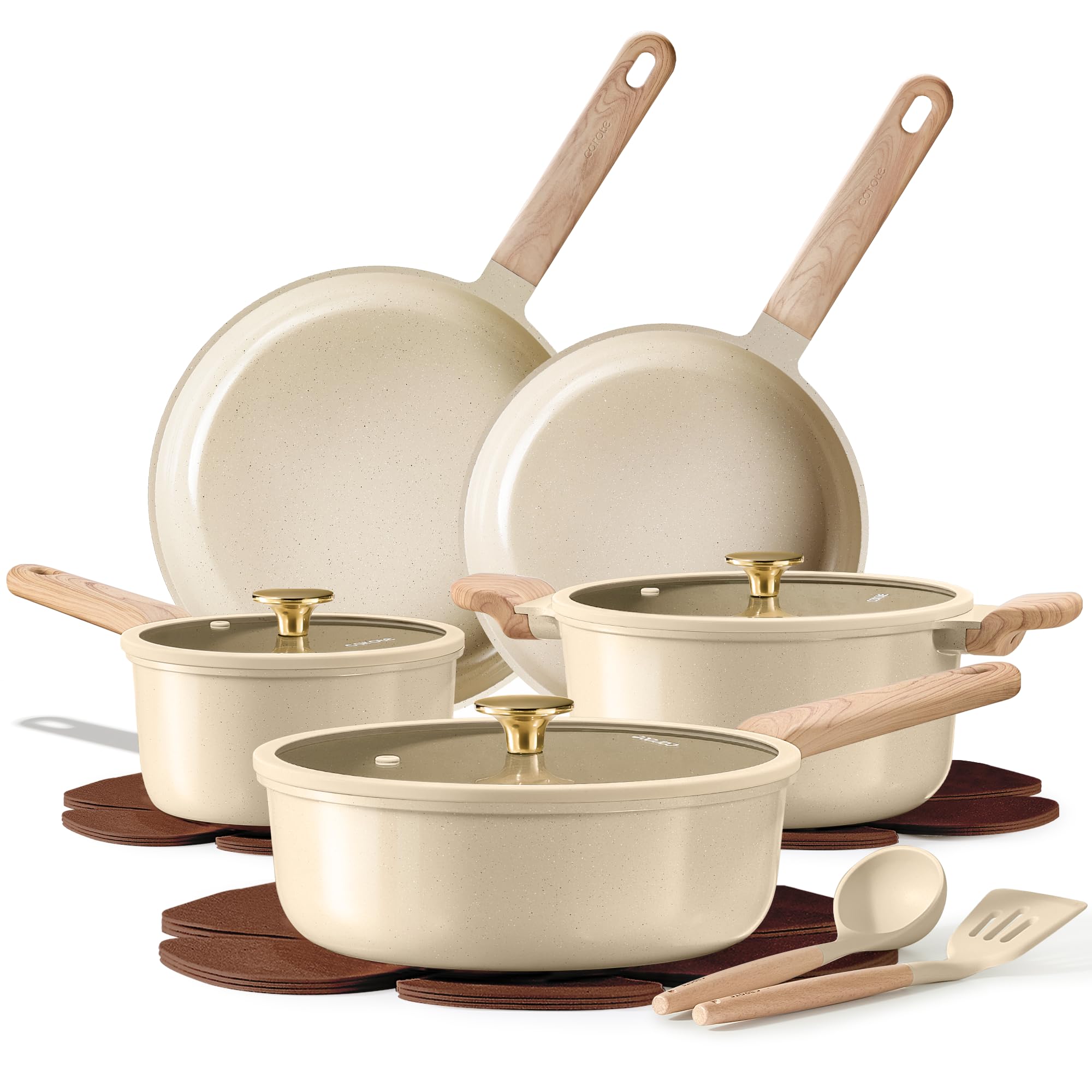 CAROTE 14 piece ceramic cookware set in oatmeal color with utensils and protectors
