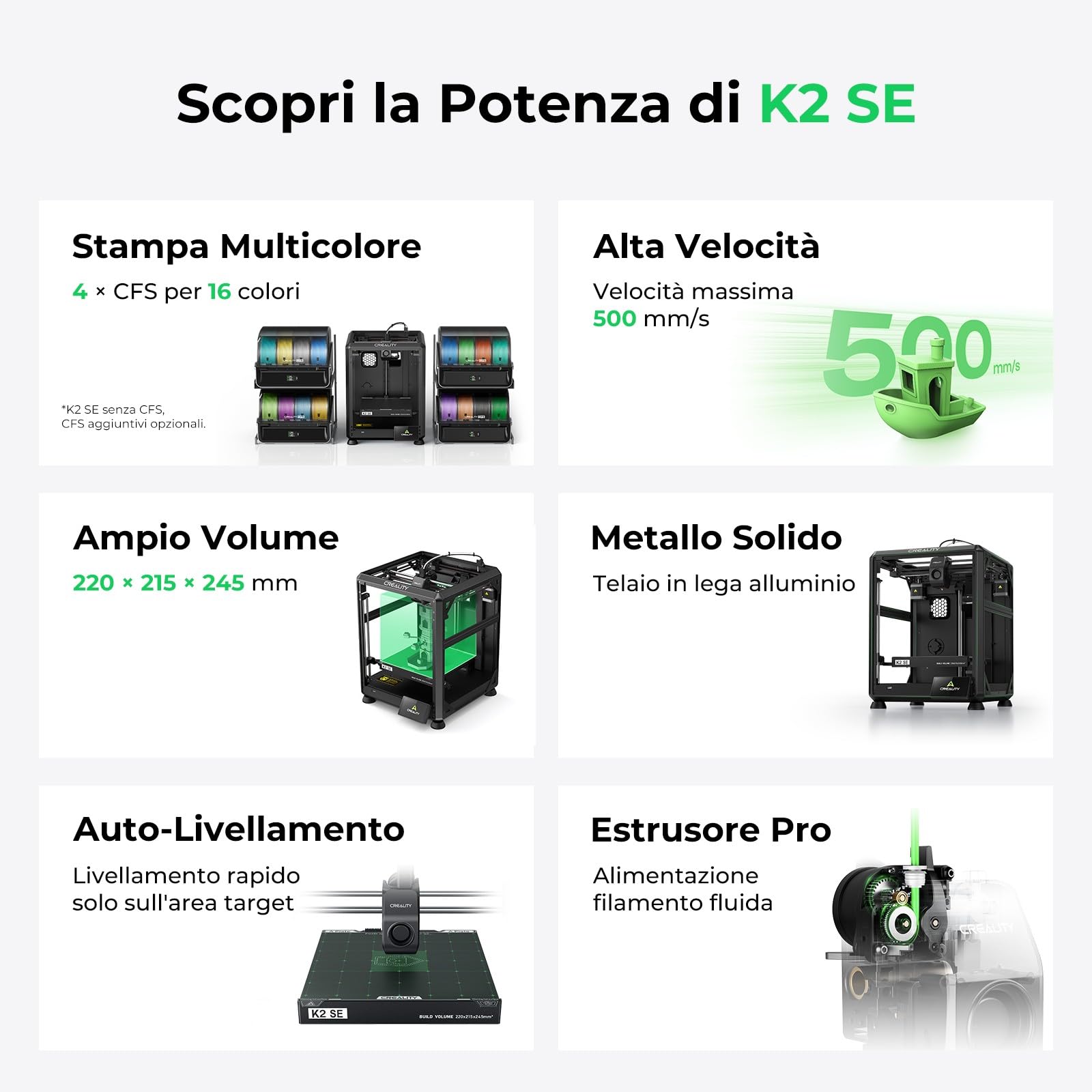Creality K2 SE Stampante 3D - Stampa 500mm/s Alta Velocità, Compatibile CFS Multicolore, Telaio Metallo Solido, Estrusore Diretto, Livellamento Automatico, 220×215×245mm