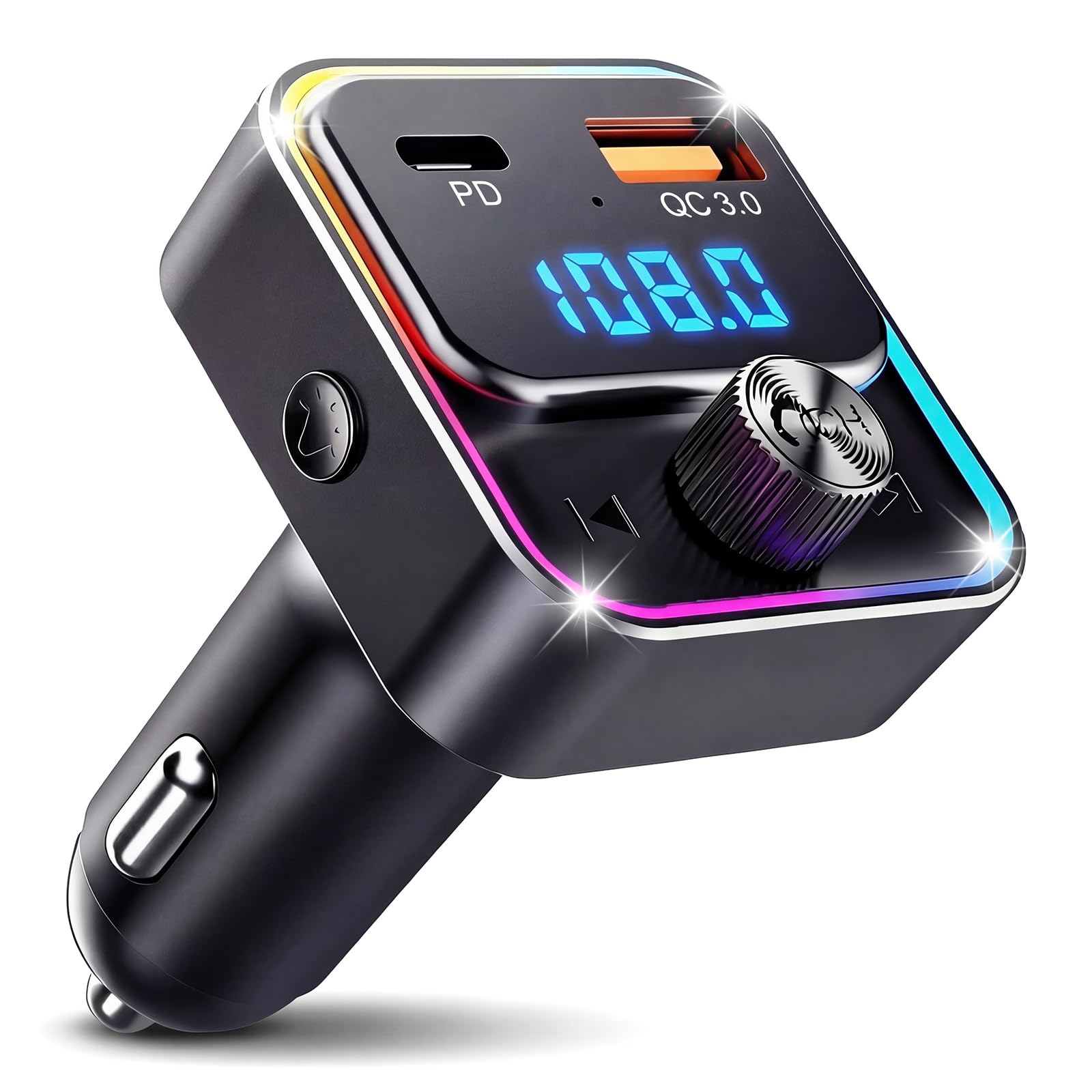 TISONNY Car Bluetooth 5.3 FM Transmitter for Old Cars, 30W PD &amp; 18W QC3.0 Fast Charger, Hands-Free Calling, Voice Assistant, LED Light