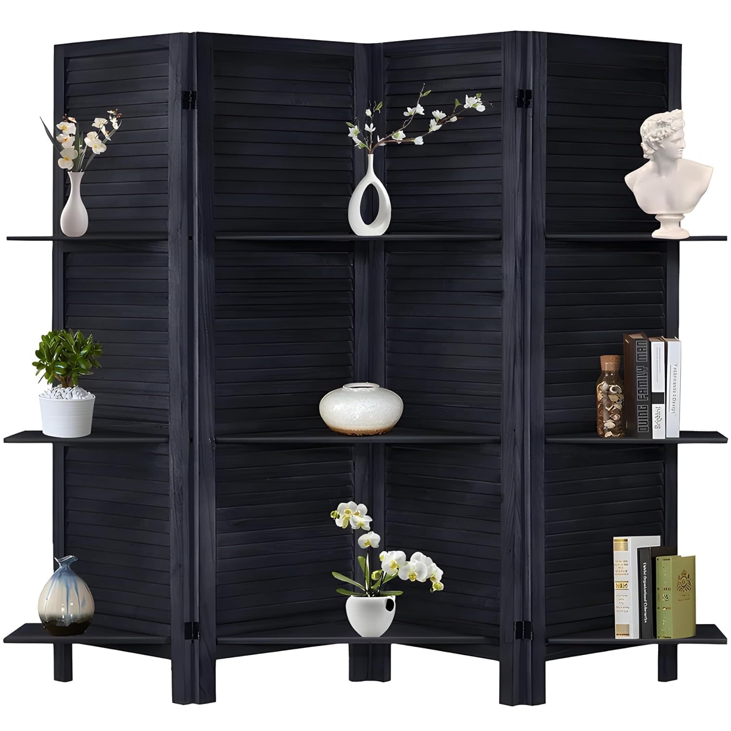 Wooden Room Divider Partition: Foldable Wood Screen Divider with Four Panels and Three Shelves for Office, Restaurant, Living Room, Bedroom, Patti Design (Black)-image-14