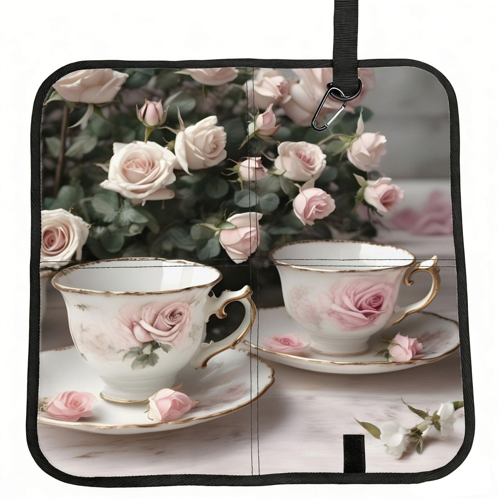 NImongt Tea Cups With Roses Romantic Shabby Print Portable Chair Pad Foldable Seat Cushion Outdoor Seating Office Picnic Camping