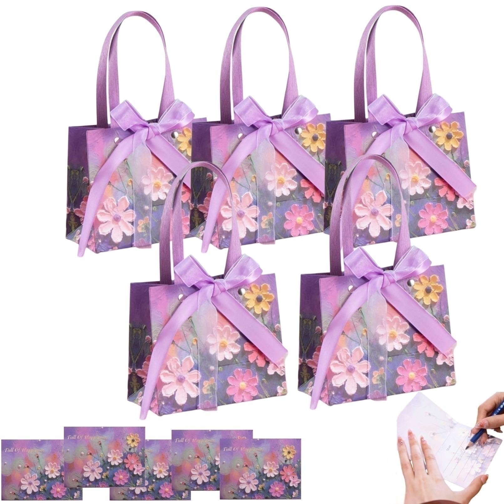 sooyinpaint 5Pcs Gift Bag with Card with Bow Ribbon Creative Oil Painting Gift Bag，Waterproof Rivet Paper Braid Bags with Handle, Souvenir Bags,Flower Petal Birthday Gift Bag, Paper Party Bags