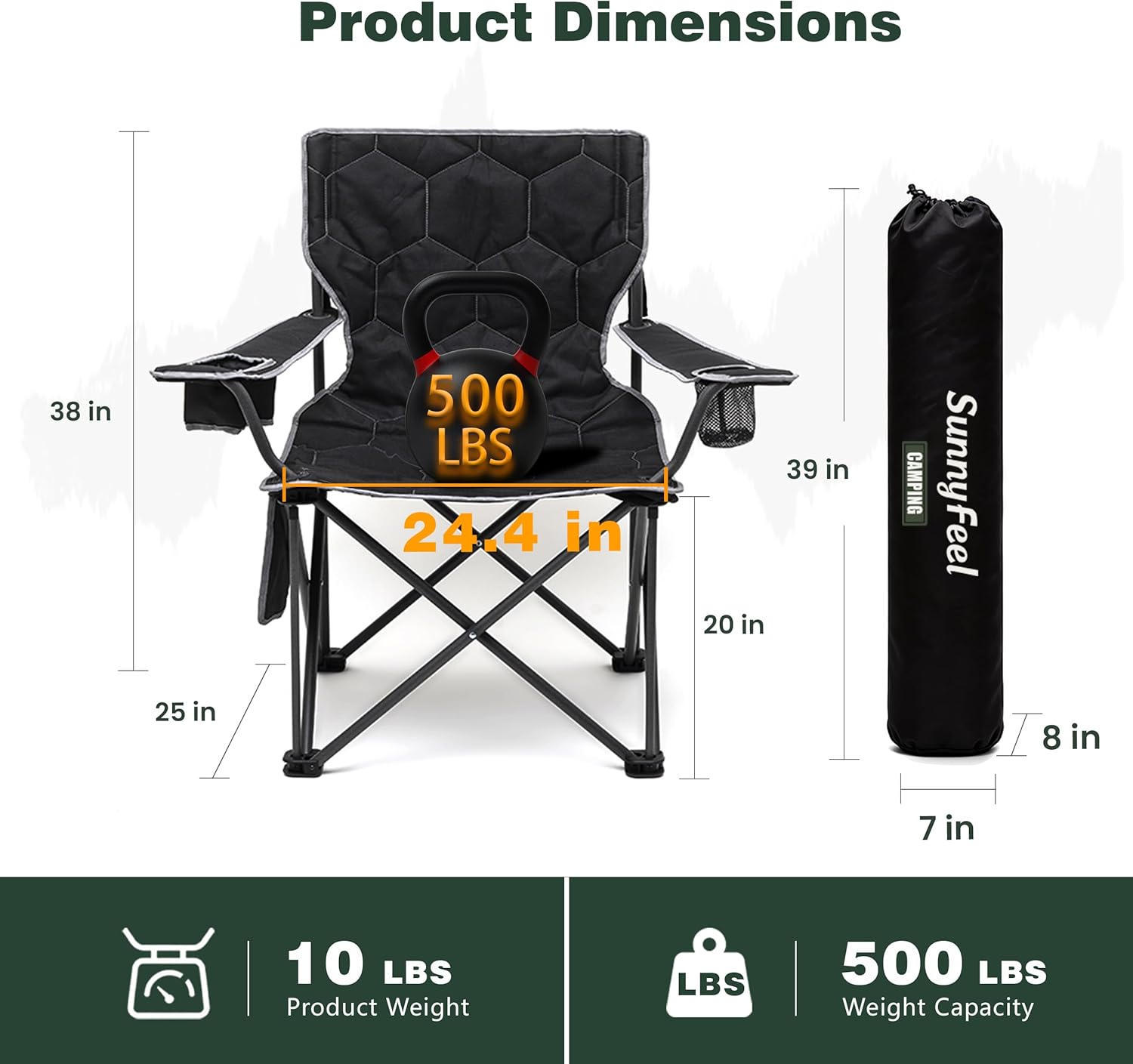 Image displaying the product dimensions of the SUNNYFEEL camping chair, including height, width, depth, and folded dimensions.