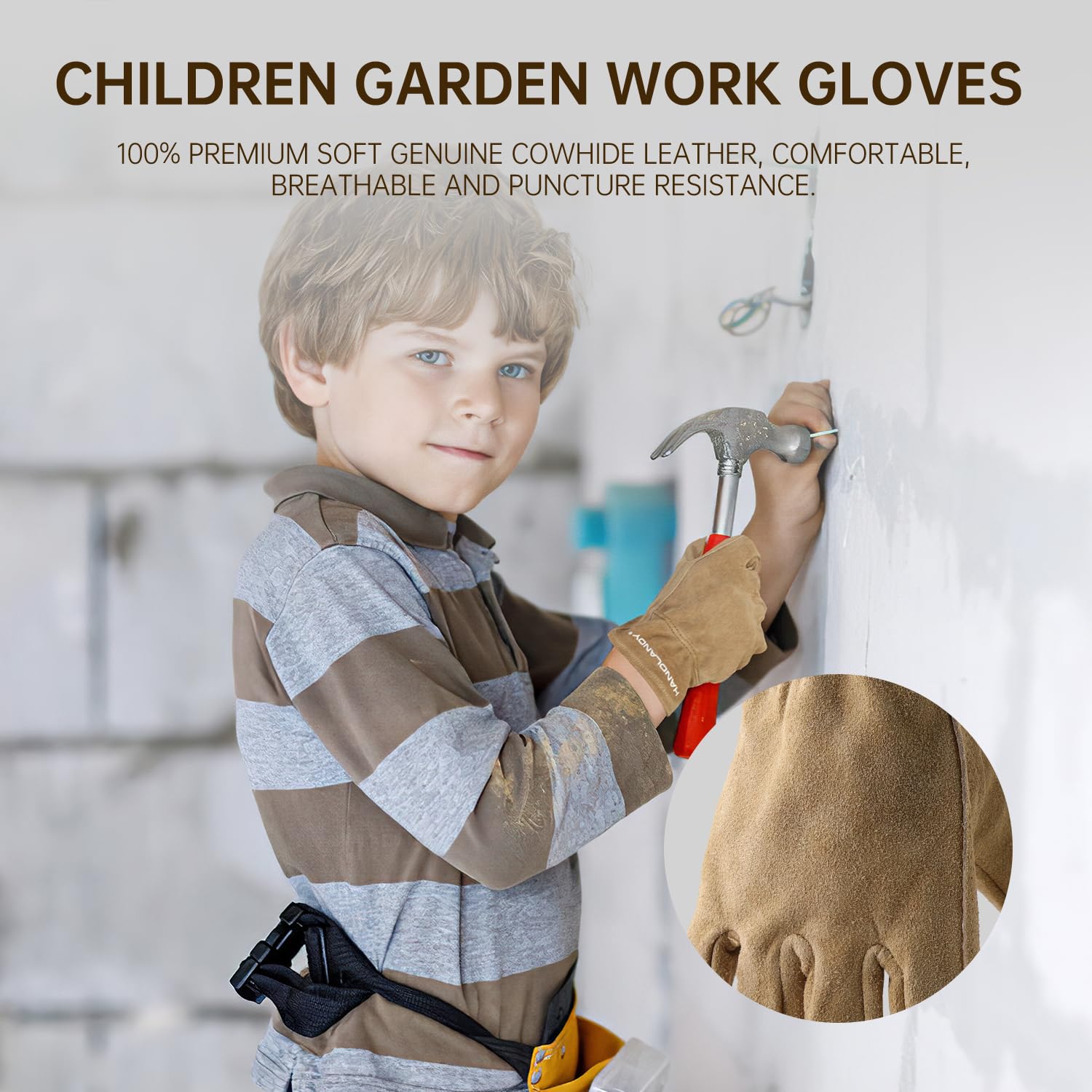 HANDLANDY Kids Genuine Leather Work Gloves for ages 3-11, Children Gardening Gloves for Boys Girls (S, for age 2-4, Khaki) - Image 3