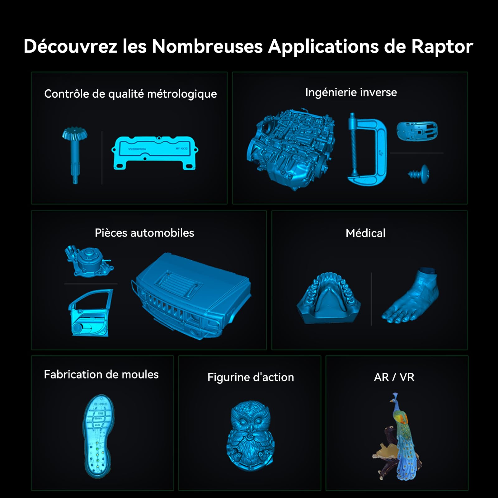 Creality CR-Scan Raptor Scanner 3D, 60 PFS, Portable, Prend en Charge le Mode Double Lumière Bleue/Proche Infrarouge, Précision 0,02 mm, 5mm-2000mm Numérisation/Rétro-Ingénierie de Pièces Automobiles