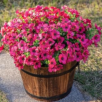 HyeFlora Artificial Faux Outdoor Plants Flowers for Spring Summer Decoration, 12 Bundles Fake Hotpink Silk Daisy Eucalyptus Look Real UV Resistant for Outside Planter Pot Window Porch Home Patio