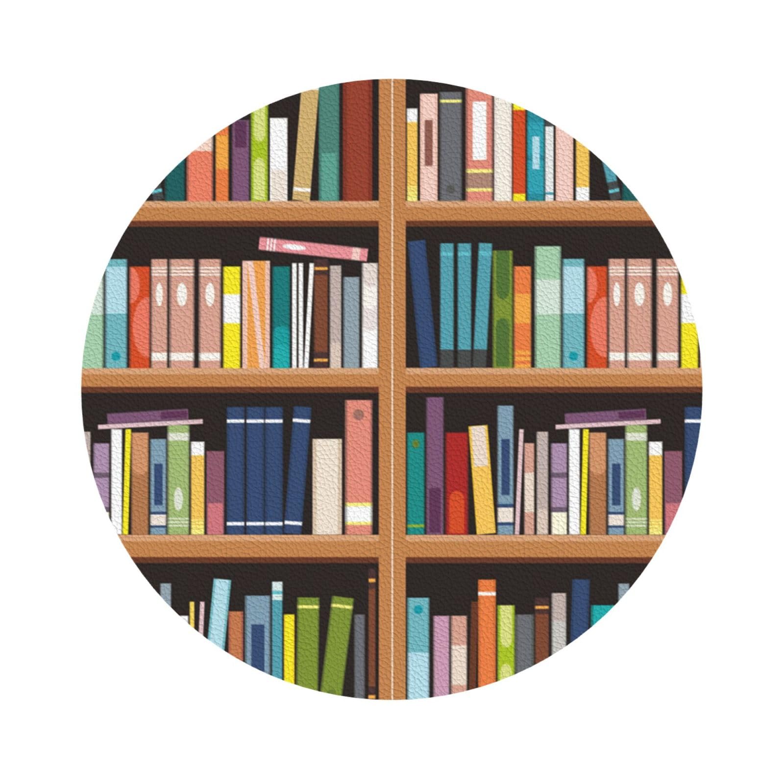 Library Bookshelf PU Leather Coasters Set of 6 Round Drink Coasters