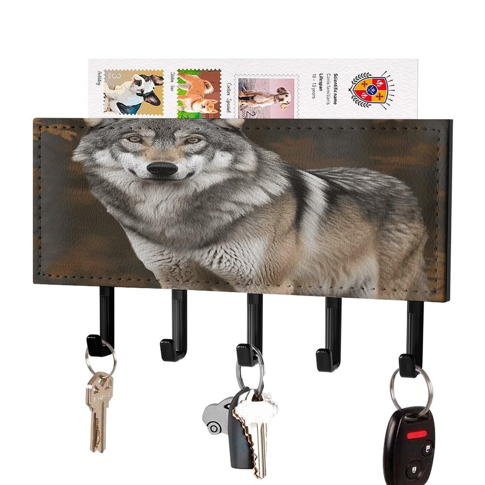 Fekiloot Black-Style Wild Wild Gray Wolf Key Holder Wall Mount Key Hanger With 5 Hooks Decorative Key Rack Hanging Key Hooks With Mail Organizer Key Holder For Wall Living Room Kitchen Bathroom Hallway Black