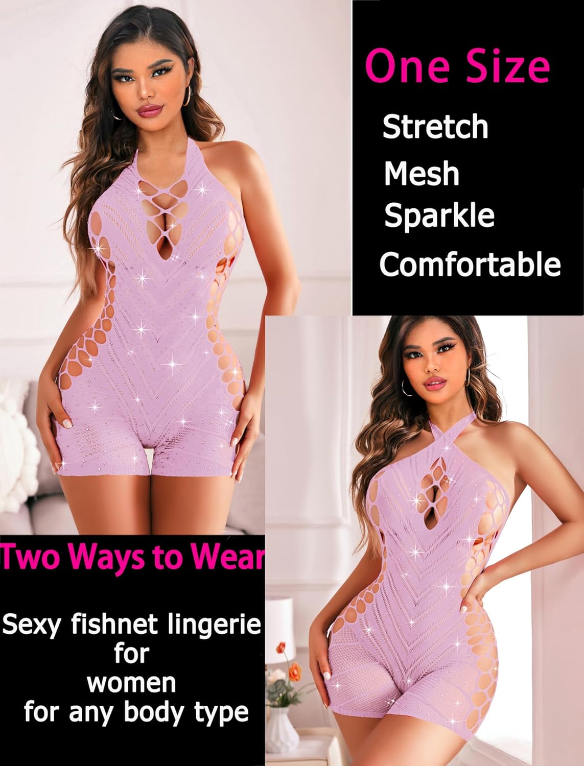 Avidlove Womens Lingeries Fishnet Lingerie for Women Sexy Outfit Fishnet Bodysuit Sparkle Rhinestone Cut Out Romper - Image 3