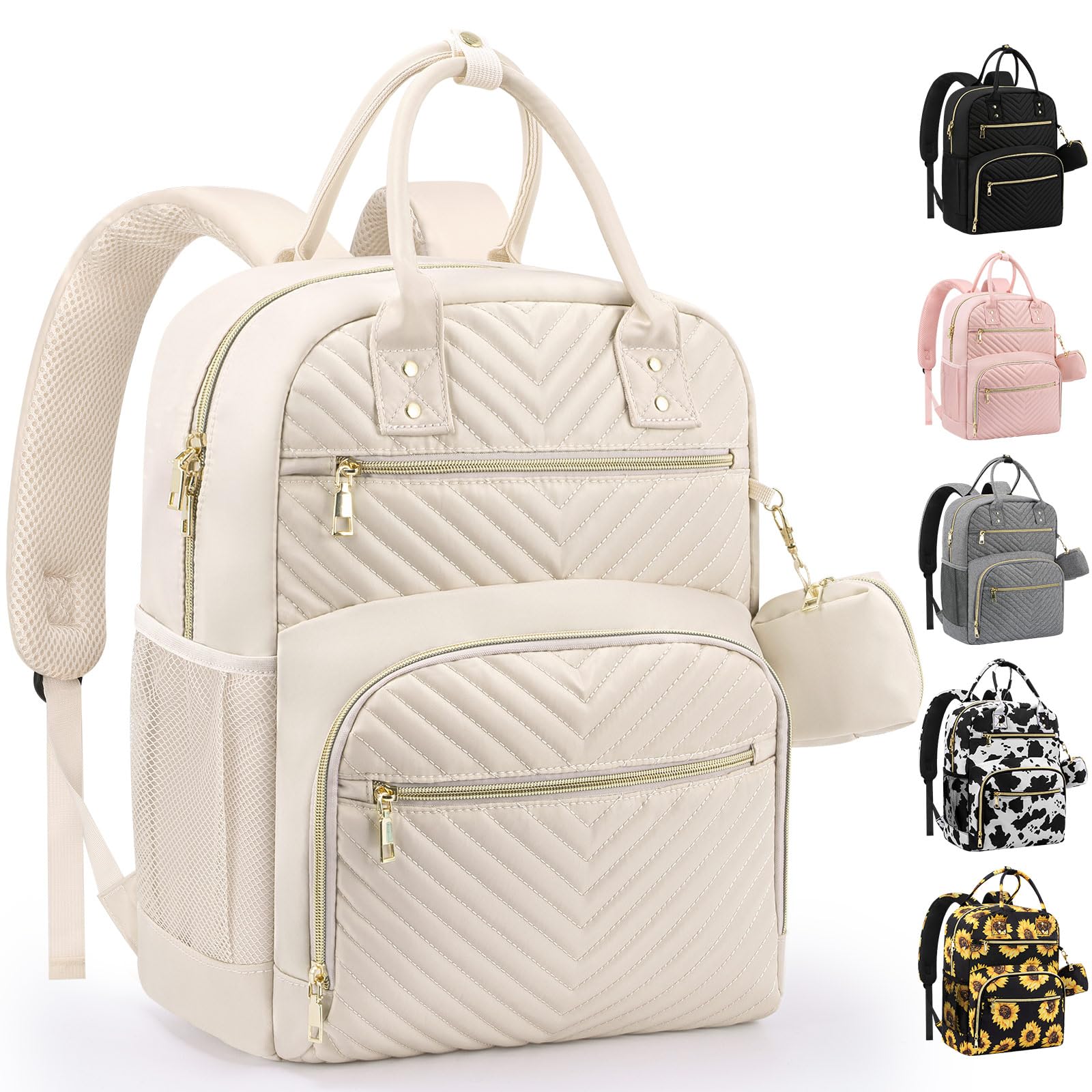 Pritent Zaino per pannolini, borsa essenziale per pannolini con custodia per ciuccio, elegante zaino da viaggio per neonata/ragazzo, Beige, Medium