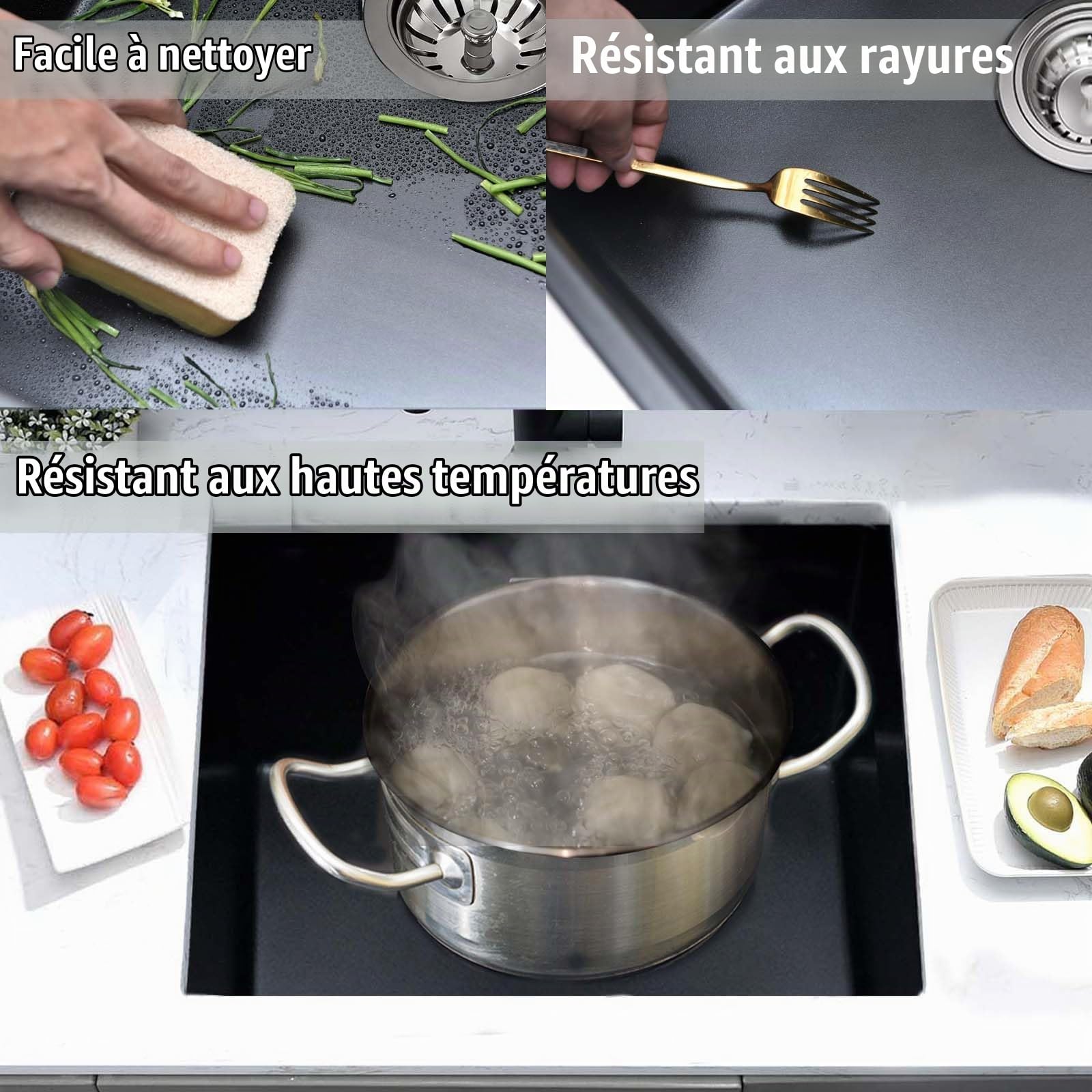 Évier Cuisine en Quartz Noir, 50 X 45 cm Évier de Cuisine 1 Bac | Évier Encastrable Compatible Montage sur Plan et Sous Plan, Accessoires Inclus, Adapté pour le Camping et Camping-Car