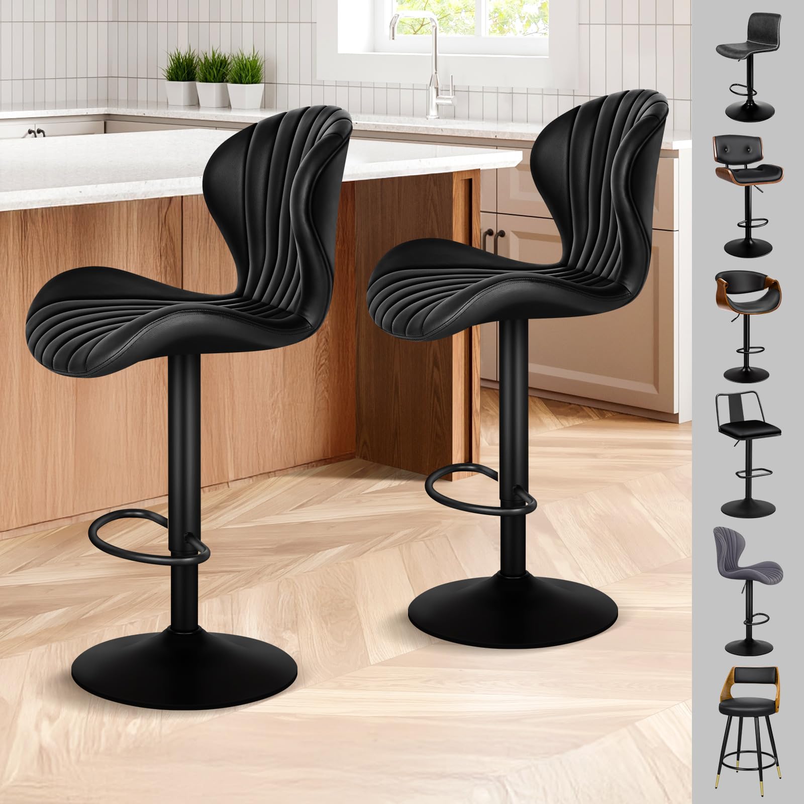 ALFORDSON Sgabello da bar, 2 pezzi, regolabile in altezza, per cucina, bar, sala da pranzo, girevole, altezza seduta 59-81 cm, Pelle PU, Nero