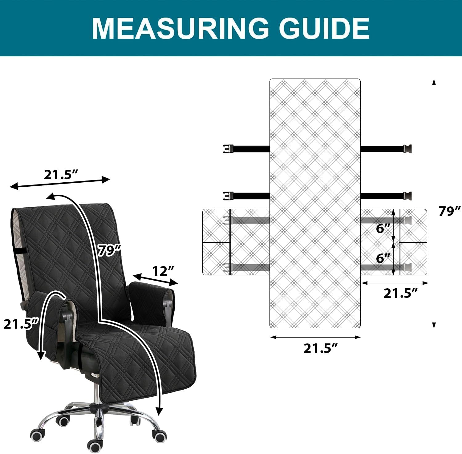 Turquoize Waterproof Office Chair Cover with Armrest Covers Black Computer Desk Chair Cover Quilted Office Chair Protector with Arms Office Chair Seat Cover Slipcover with Anti-Slip Buckle, Black