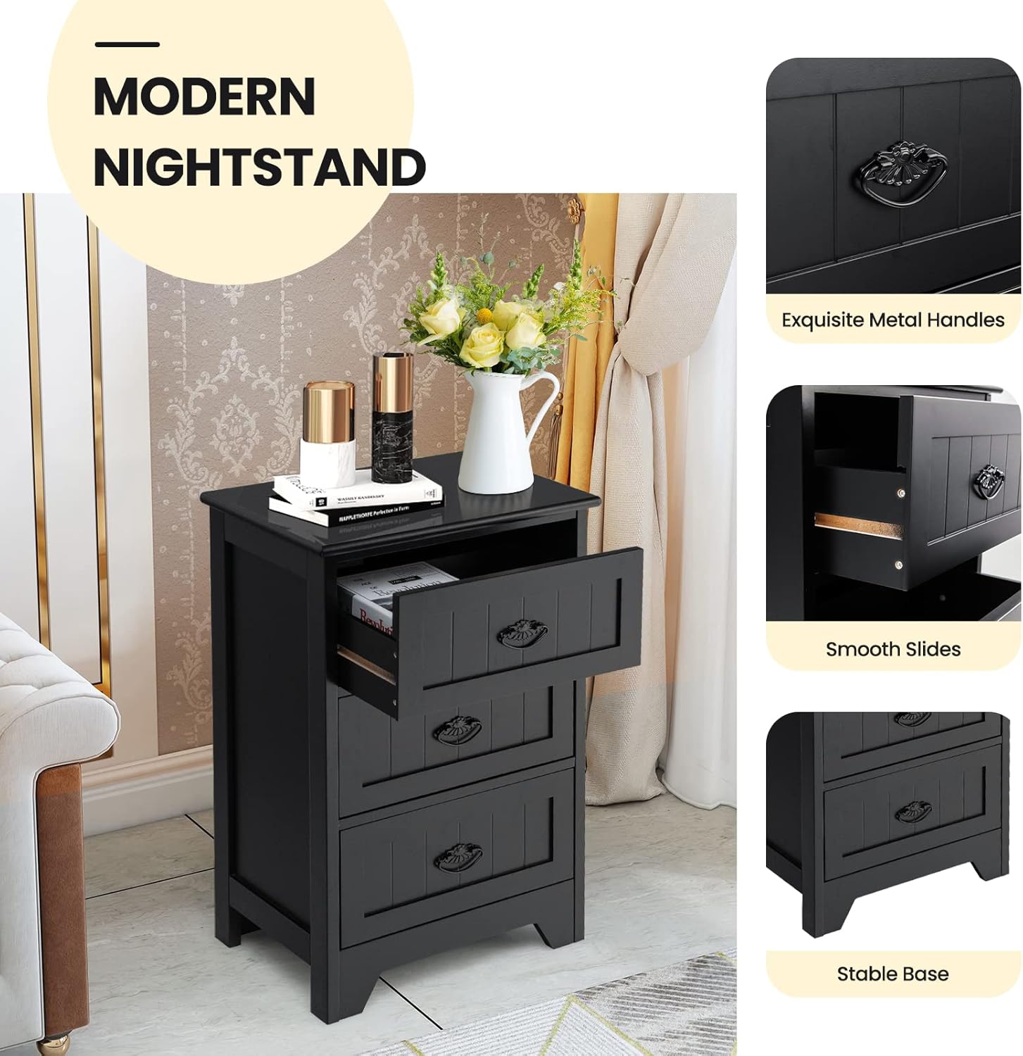 Giantex Nightstand with 3 Drawers, Bedside Table with Exquisite Metal Handles, Accent Table Sofa Side Table with Anti-toppling Device for Bedroom, Study, Black
