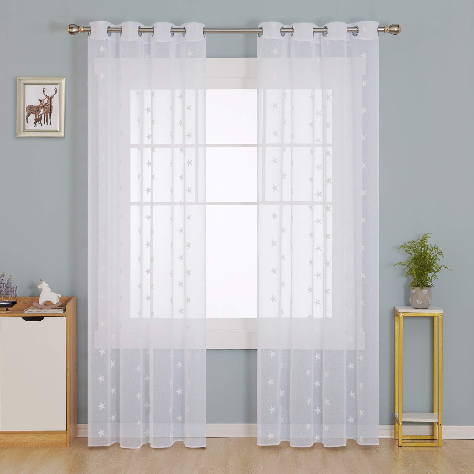 Deconovo Cortinas Salon Modernas Visillos Translucidas Bordado para Ventanas de Dornmitorio con Ollaos 2 Piezas 140 x 240 cm Blanco Estrella