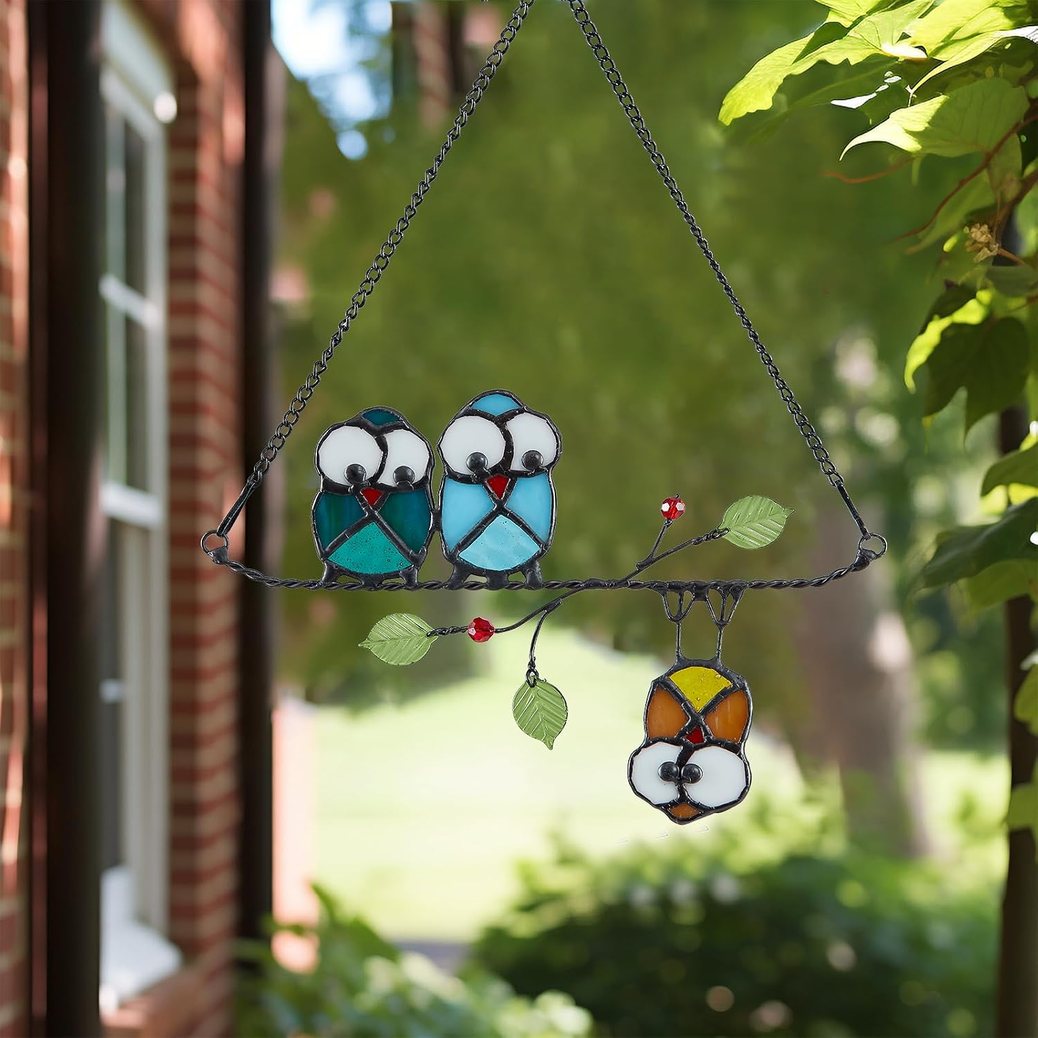 Stained Glass Birds,owl,Stained Glass Window Hanging,Multicolor Owls on The Living Tree with Green Leaf and red Berries,Bird suncatcher for Windows Room Home,Deco,Gift for Mom,and Bird Lovers.