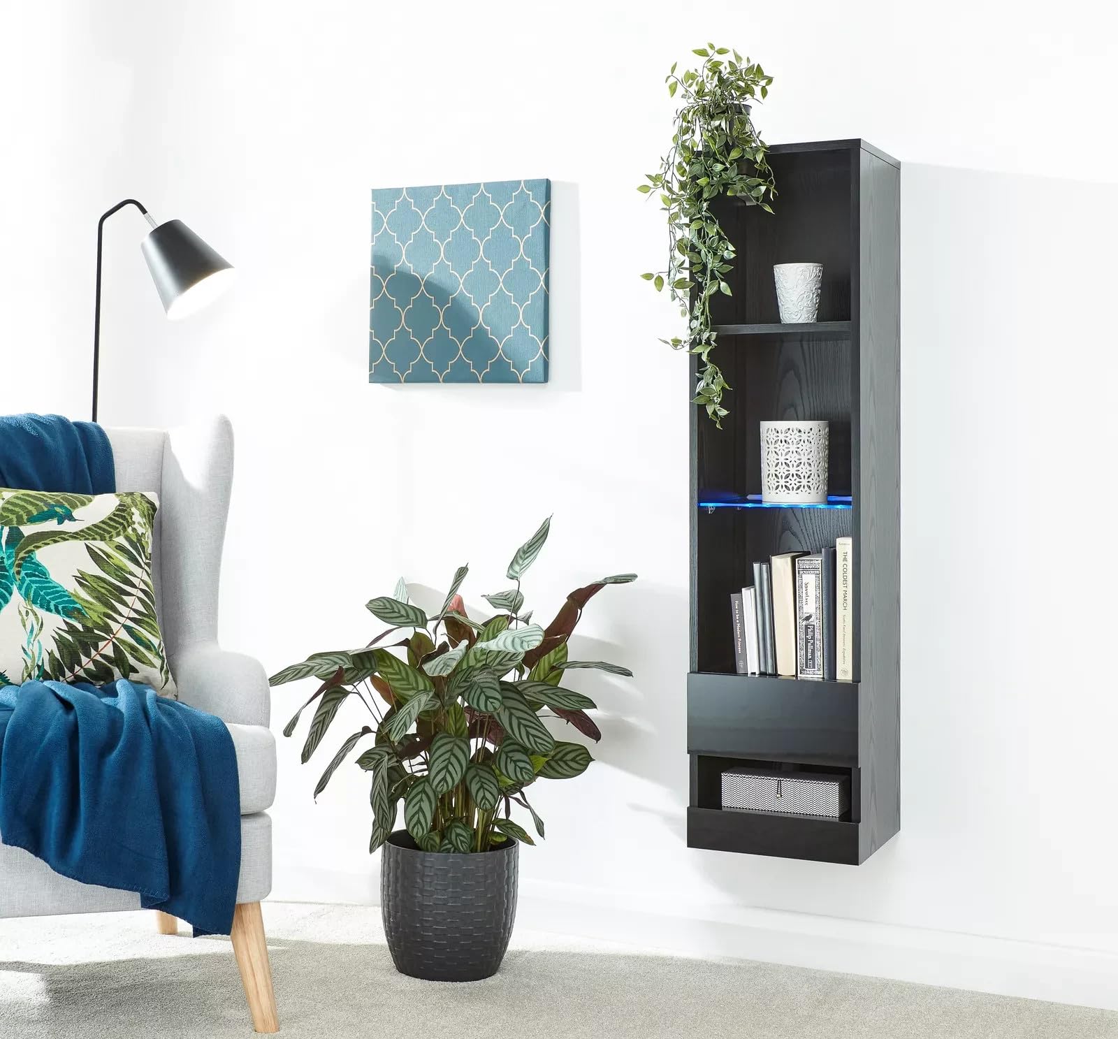 GFW Galicia Black Tall Shelf Unit with LED, Wall Mounted Display Shelving, High Gloss Storage Unit with Lift-Up Door and Blue LED Light