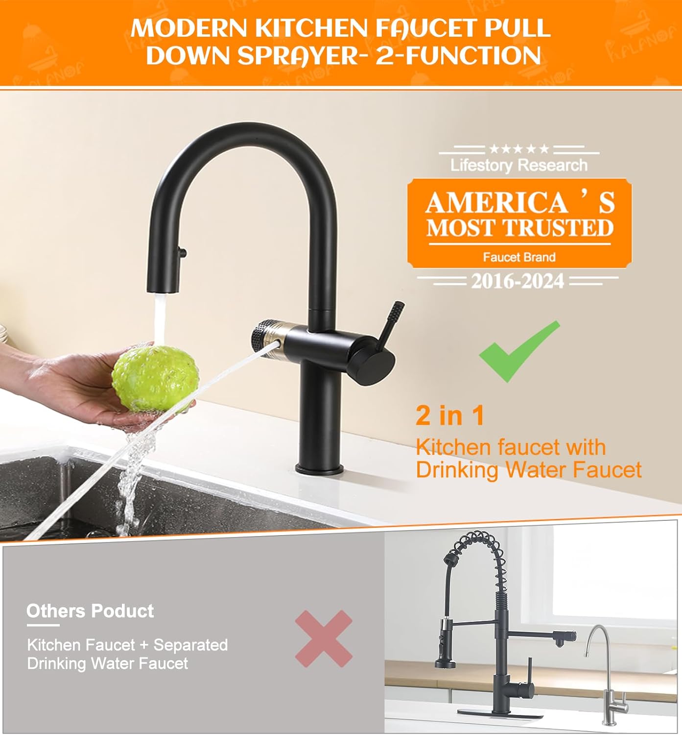 Kitchen Sink Faucet with Drinking Water Outlet, 2 in 1 High Pressure Single Handle Pull Out Kitchen Faucet with Sprayer Commercial Modren Style, Fit for 1 Hole Stainless Steel Matte Black