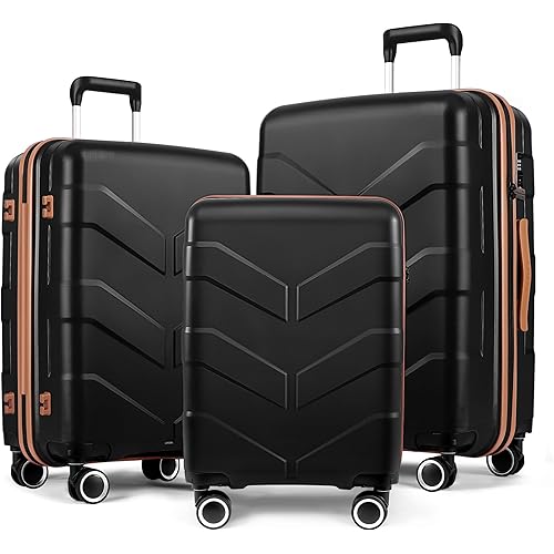 Luggage Sets 3 Piece with Spinner Wheel, Hardside Suitcase Set with TSA Lock, Expandable Lightweight Travel Luggage for Men and Women, Black