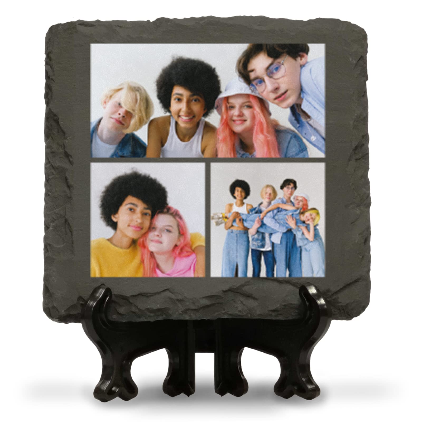 You Personalise Personalised Three Photo Montage Slate 100mm x 100mm Square with Optional Display Stand - Custom 3 Photos 1 Landscape 2 Square