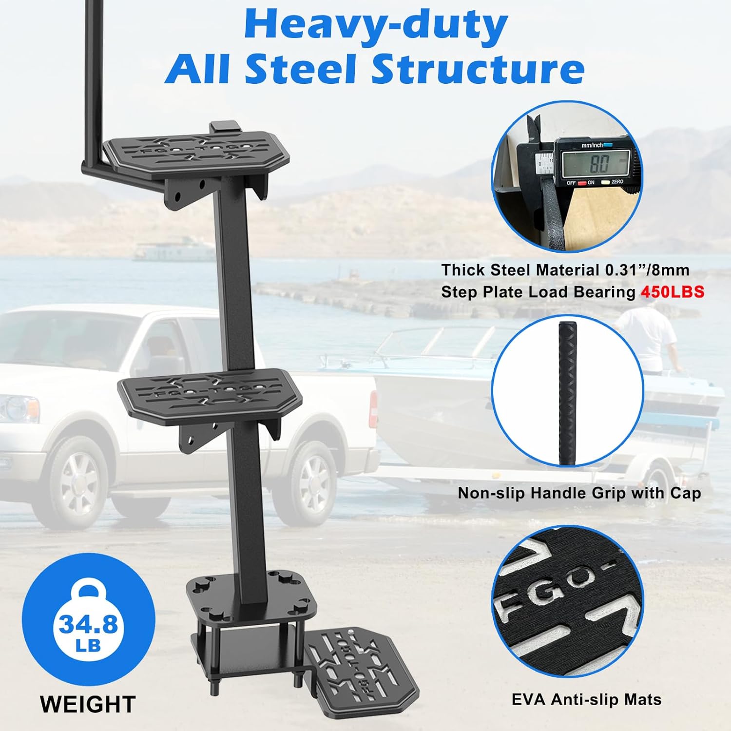 Heavy Duty Boat Trailer Steps with Handle,3 Steps Boat Ladder for Boat Trailer Tongue Steps,450Lbs Capacity,Non-Slip Mats,Thicken Universal Anti-Rust Boat Step fit for Bass Pontoon Boats