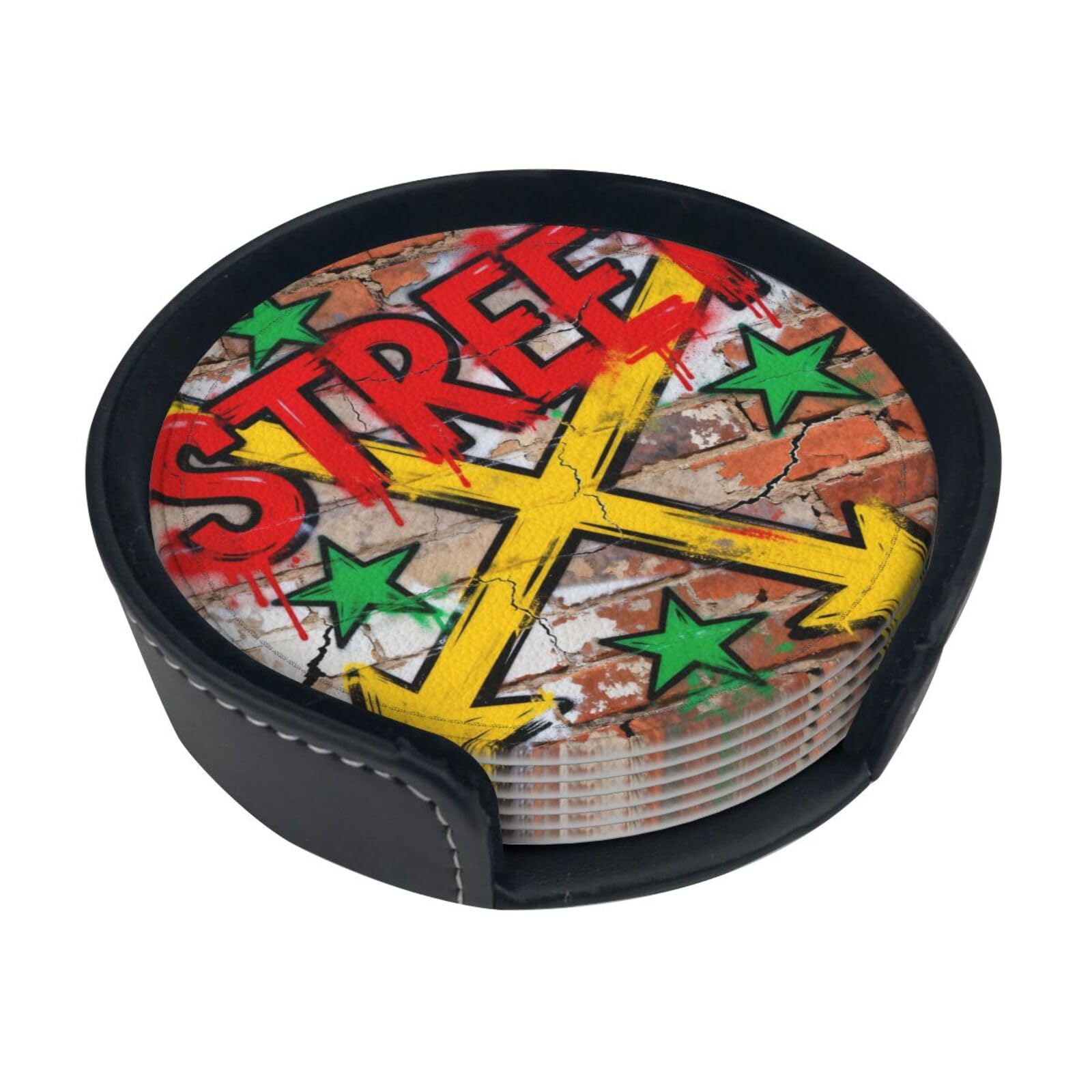 Cntdbu White Graffiti Wall Three Leather Coasters Set Of 6-Pu Leather Drink Mats For Table, Heat Resistant Round Coasters With Holder