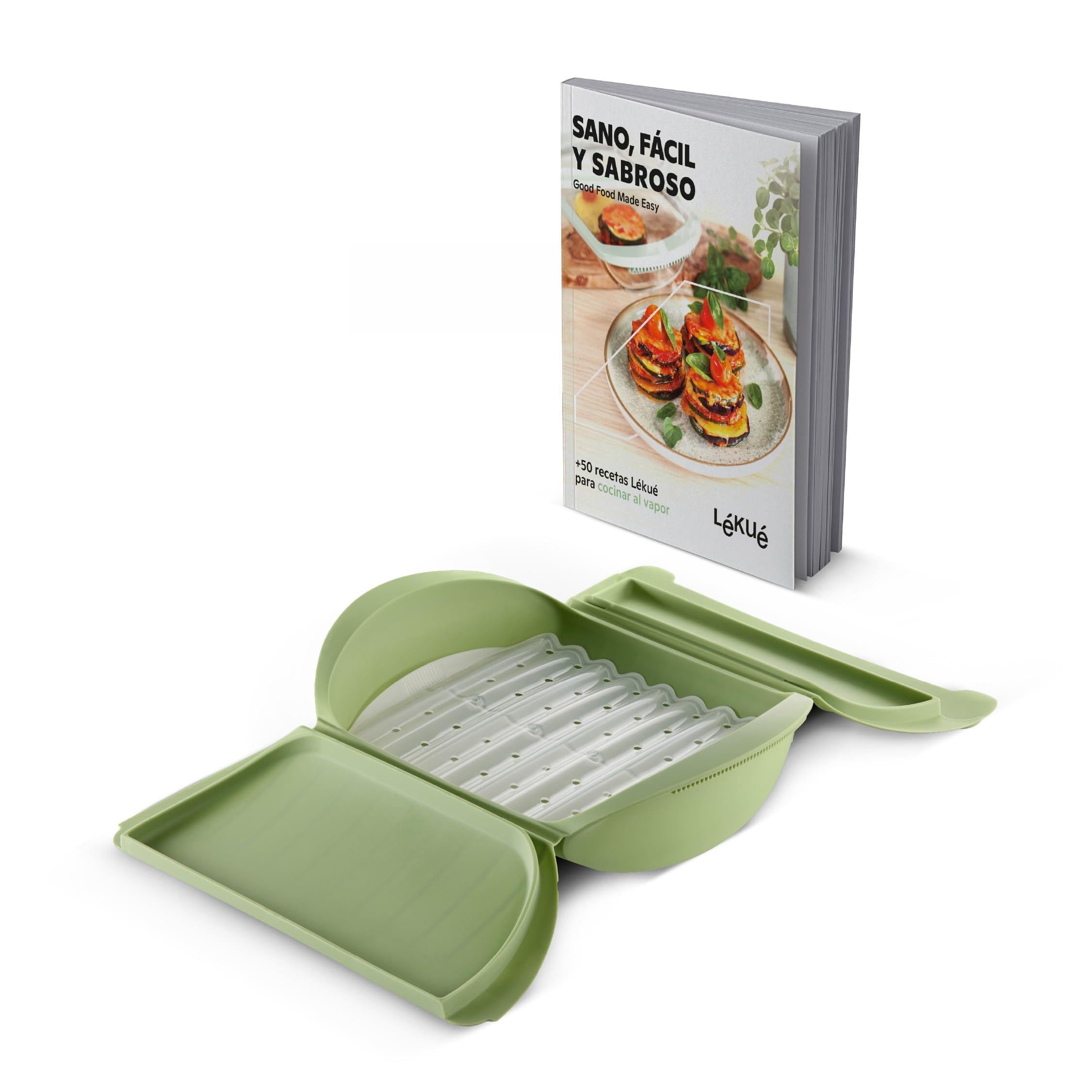 Lékué Platinum Silicone Steam Case Green with Tray and Recipe Book in Spanish, 3-4 People, 1400 ml