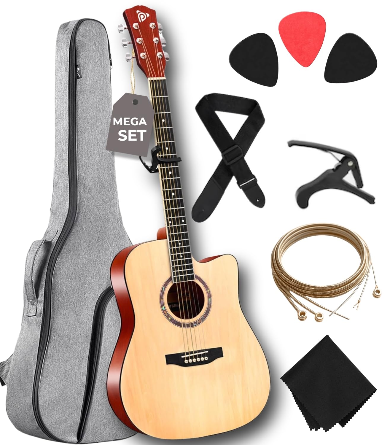 Pyle Beginner Acoustic Guitar Kit, 4/4 Full Size All Wood Instrument for Kids, Adults, 41" Natural, Premium Kit