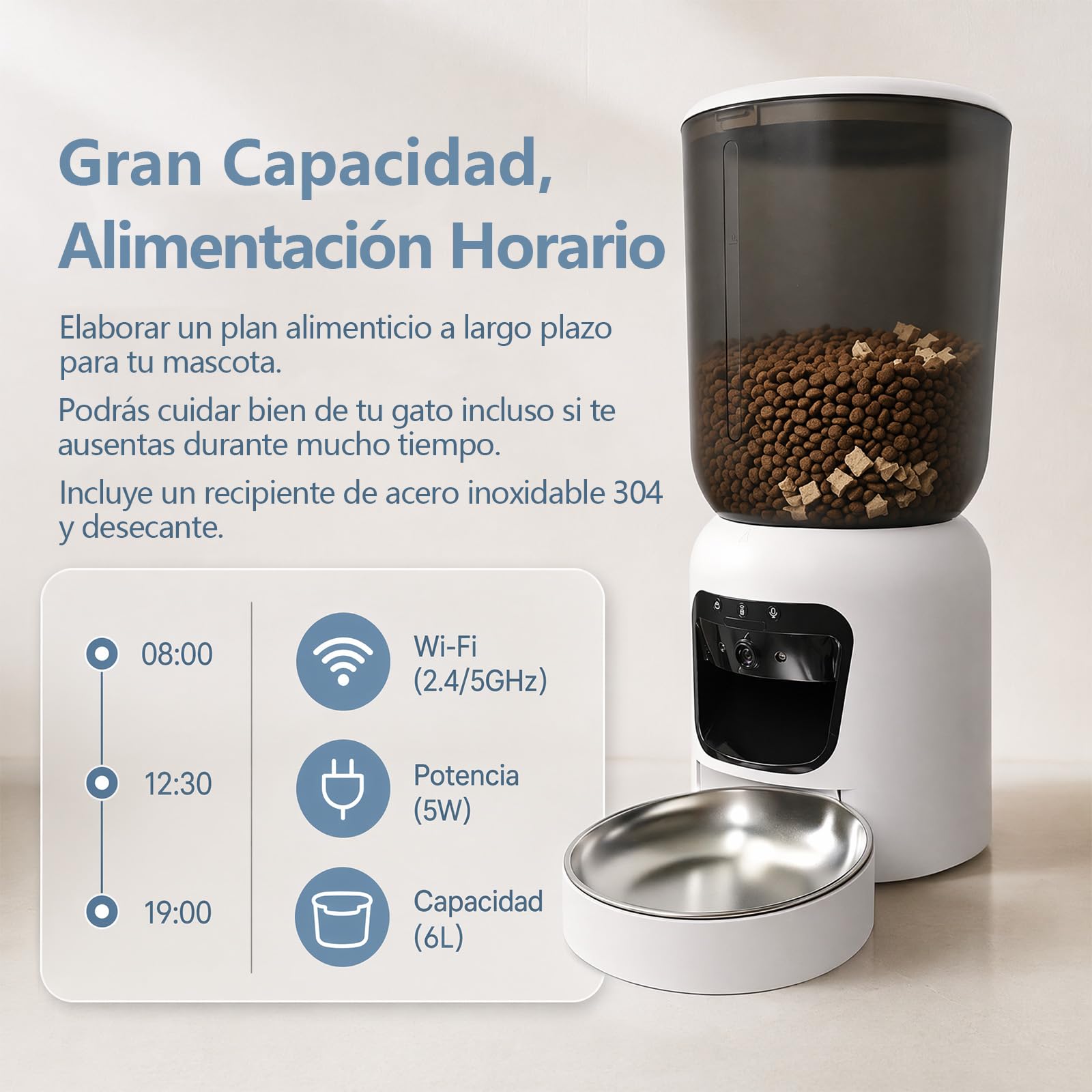 Comedero Gato Automatico con Cámara, 6L Dispensador WiFi 5G/2.4G | Visión Nocturna Color y Movimiento Detección, Comedero Inoxidable, Programación 10 Comidas, Voz Grabación, Batería Repuesto