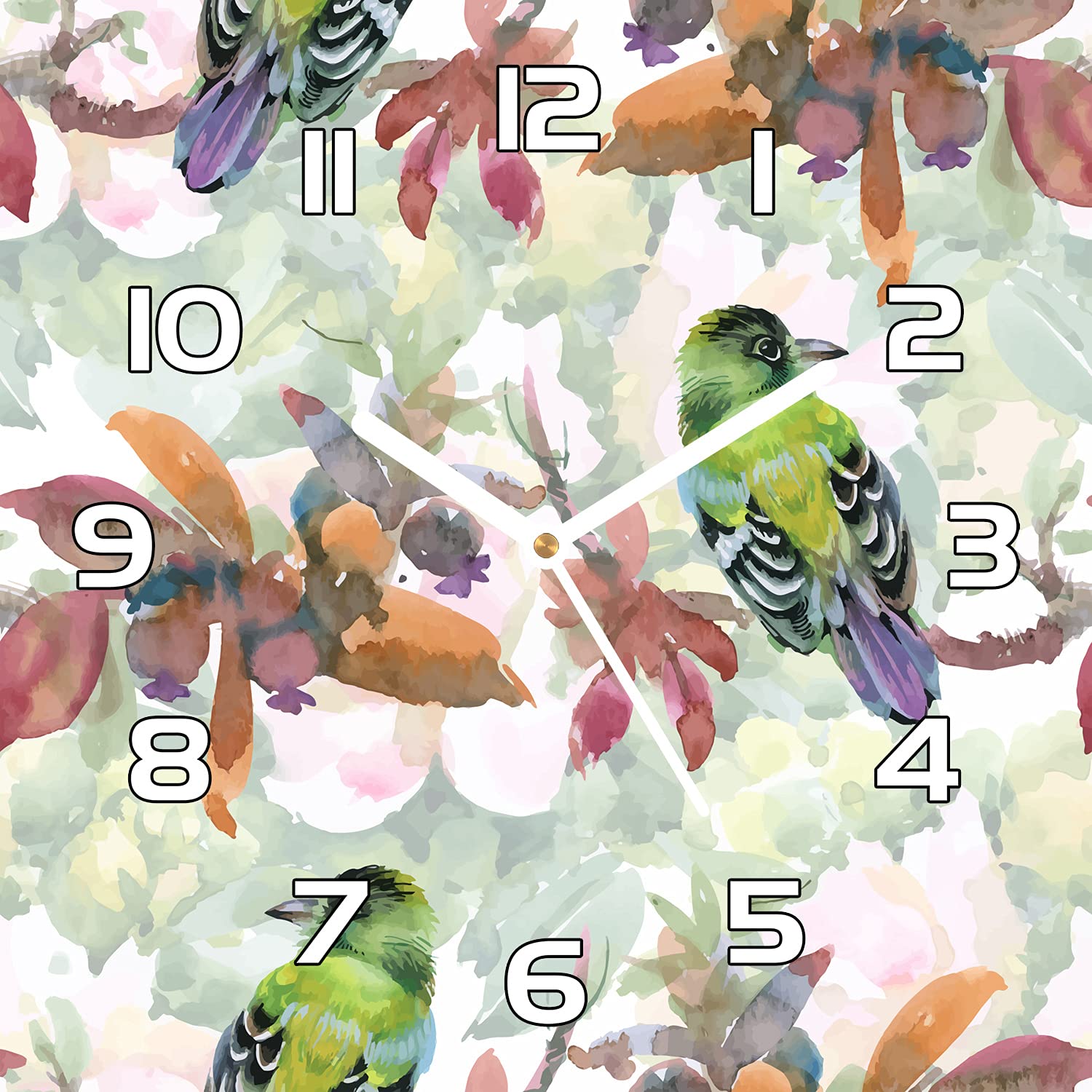 Horloge en verre 30x30 cm des oiseaux avec aiguilles blanches de Coloray