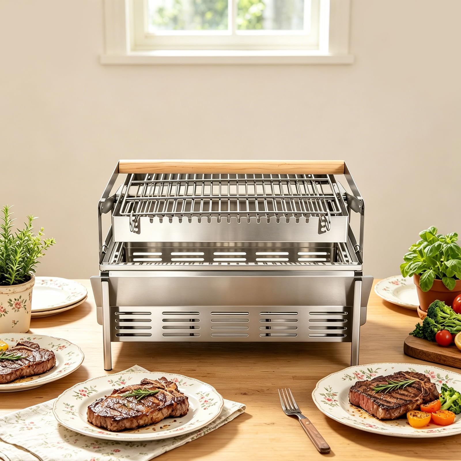 Barbacoa de carbón vegetal giratoria 360°, 2 en 1, de acero inoxidable, 43 x 28 x 39 cm | Tamaño de la parrilla: 22,6 x 36 cm, desmontables y portátiles, barbacoa plegable para camping, picnics, fiestas en el jardín