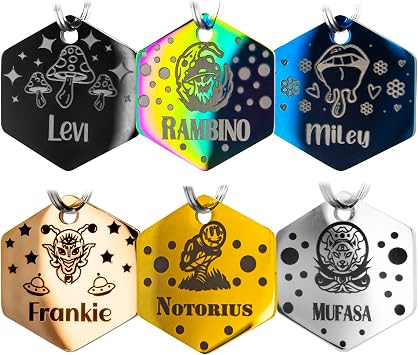 Personalized Dog Tag with 5 Lines of Custom Deep Engraved Durable Stainless Steel Pet ID Name Tag Psychedelic Art AKA Psychedelia Hexagon Small