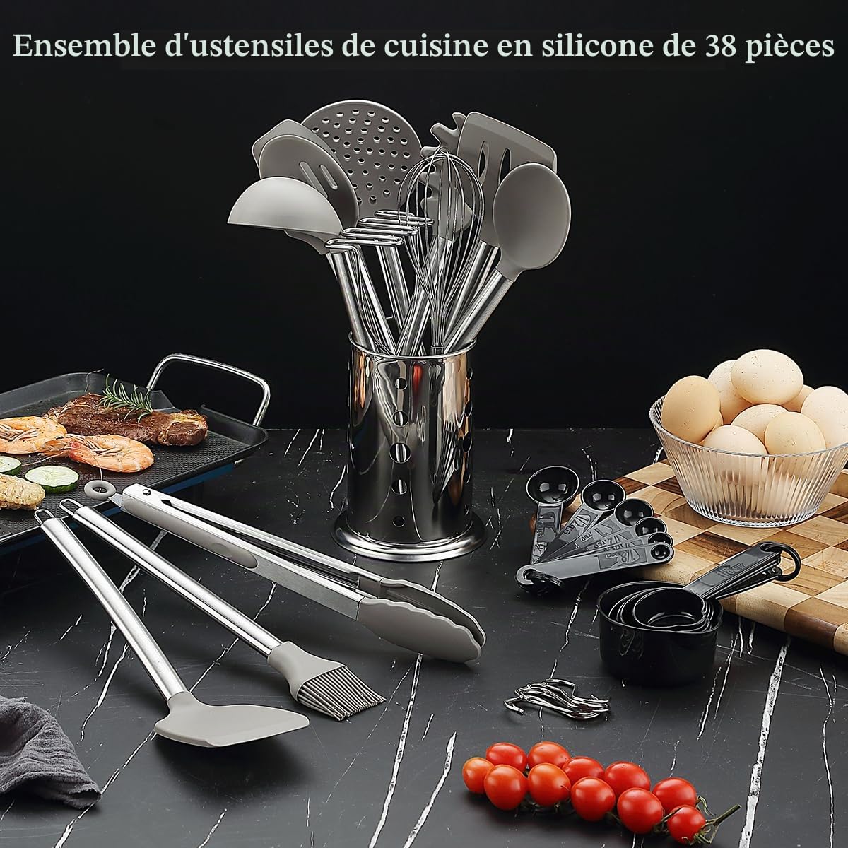 Ustensiles de cuisine, Kyraton 38 pièces en silicone antiadhésif, cuillère spatule avec porte-ustensiles en acier inoxydable, lavable au lave-vaisselle