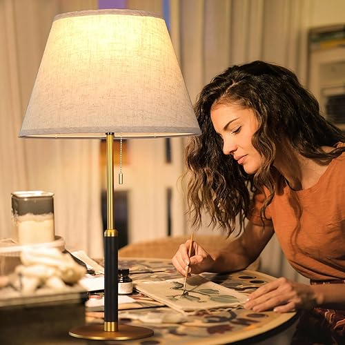 Miniatura 6 de 26.4" Set of 2 Modern Living Room Table Lamp for End Tables Bedside Lamps for Bedroom 3-Color Temperatures Pull Chain Switch Lamp Wood Fabric for
