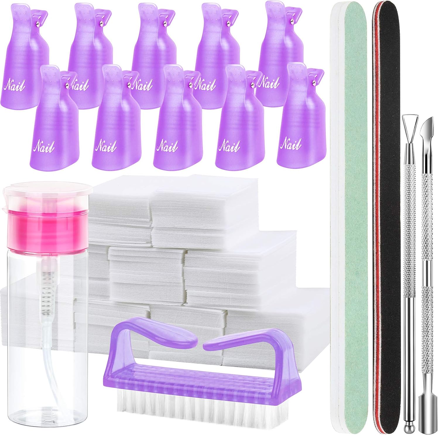 FANDAMEI Nail Polish Gel Remover Tools Kit, 10 Pcs Purple Nail Clips, 100ml Nail Polish Remover Bottle, 500 Pcs Remover Cotton Pad, Nail Brush, Cuticle Pusher, Cuticle Peeler, Nail File, Buffer Block