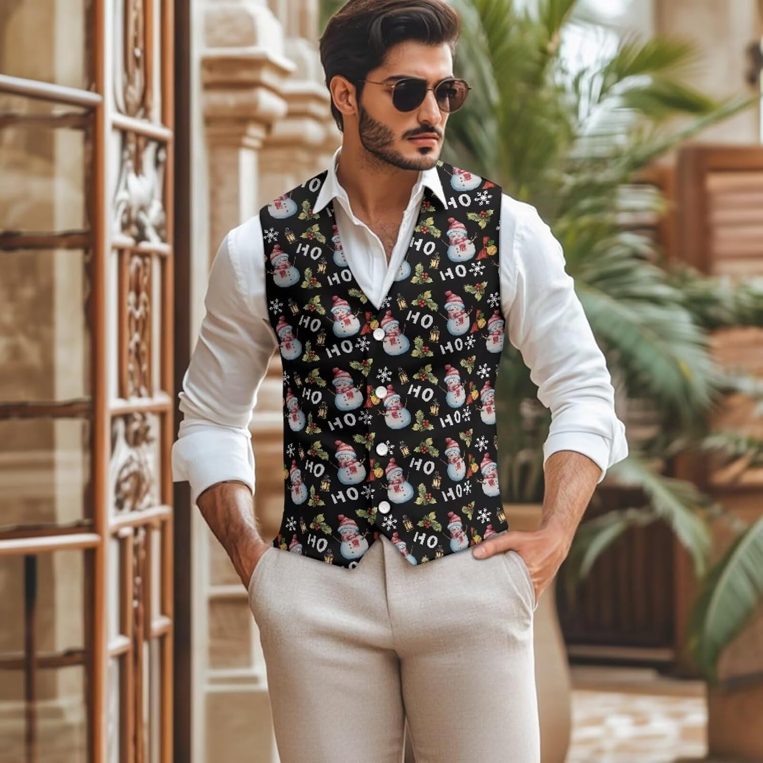 Christmas Suit Jackets for Men Lightweight Men's Suit Vests for Casual Party V-Neck Mens Waistcoat with Strap