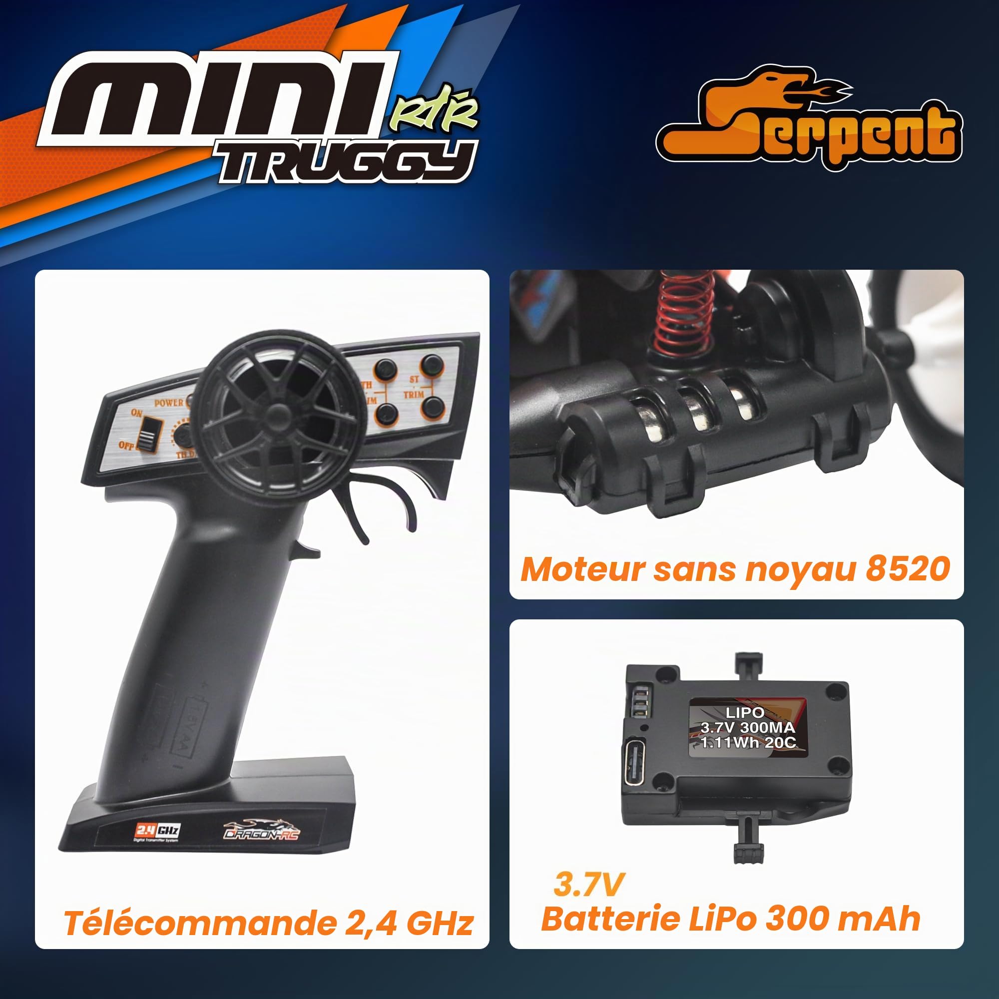 Serpent Mini Truggy RTR 1:24 à 2 Roues motrices, échelle 1/24 2,4 GHz, Buggy Tout-Terrain RTR, Haute Performance avec 1 Batterie et 1 câble de données USB