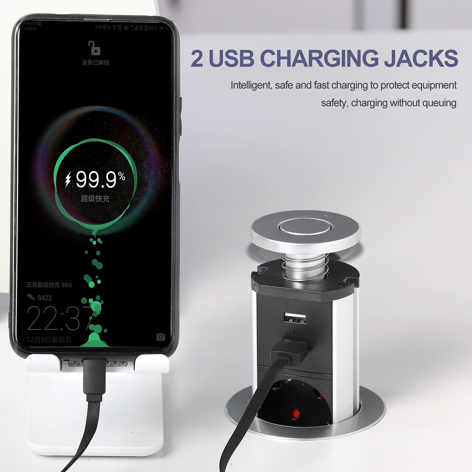 2 ciabatte multipresa a scomparsa con USB, 3 prese da incasso | Con protezione da sovratensione, cavo da 1,8 m e design salvaspazio per cucina, scrivania e home office