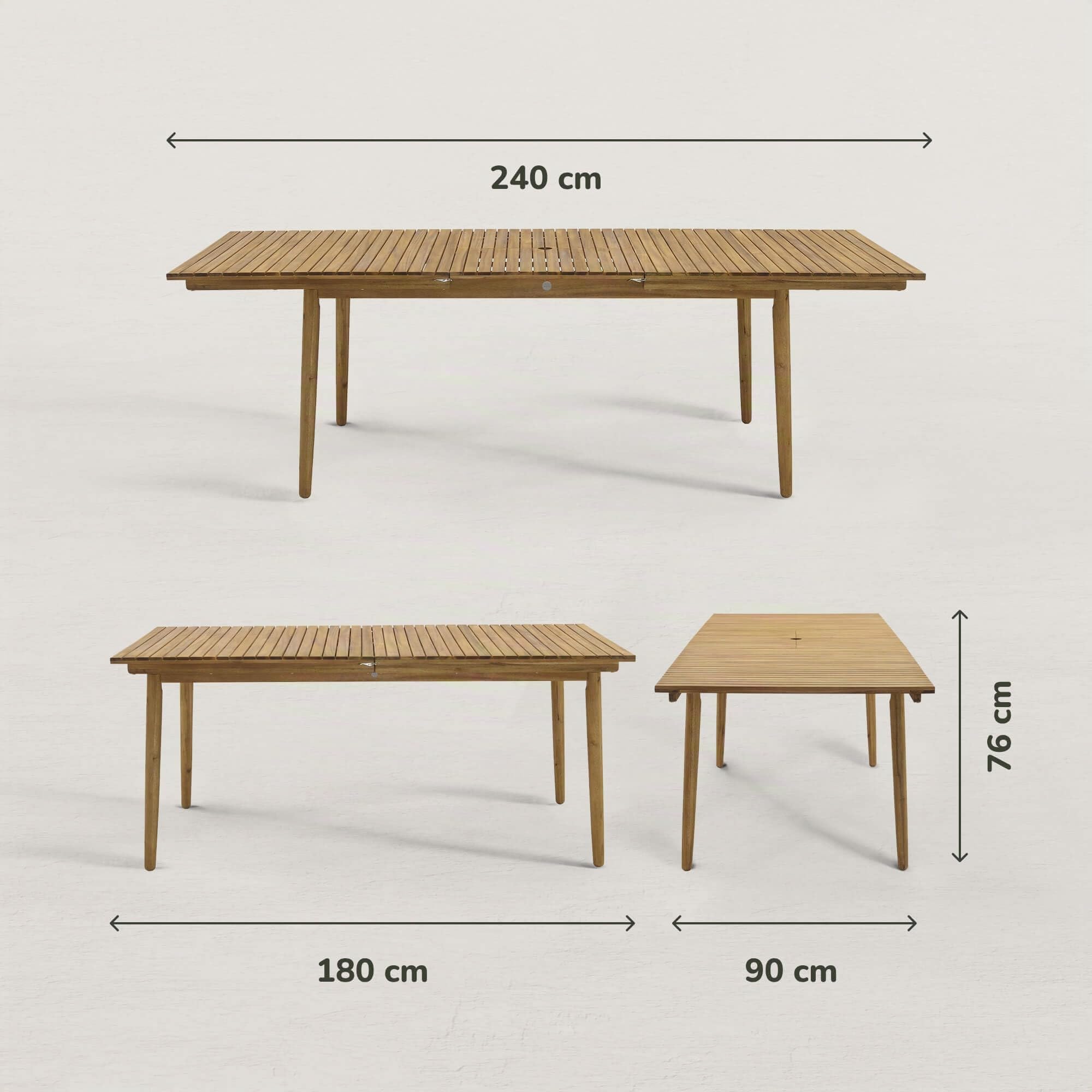 JJ. Table de Jardin Extensible en Bois 180-240 cm Jules - 8/10 pers. Plateau de 180 x 90 cm à 240 x 90 cm Idéal pour 8 à 10 Personnes Trou dans la rallonge prévu pour Un Parasol Bois Naturel