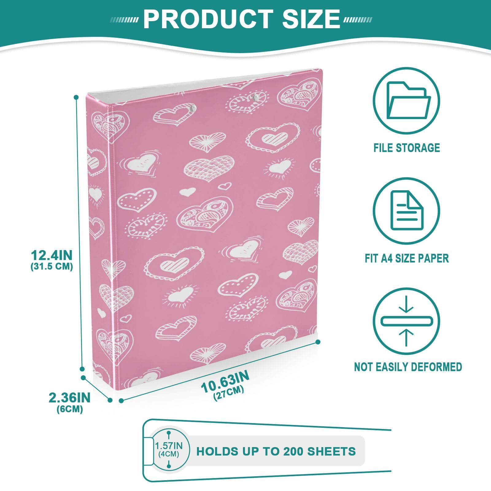 SKYSHU Love Heart - Raccoglitori ad anelli rotondi con 3 tasche interne in PVC trasparente, impermeabili, robusti, 3,8 cm, con clip in metallo antiscivolo, raccoglitori versatili per 200 fogli,