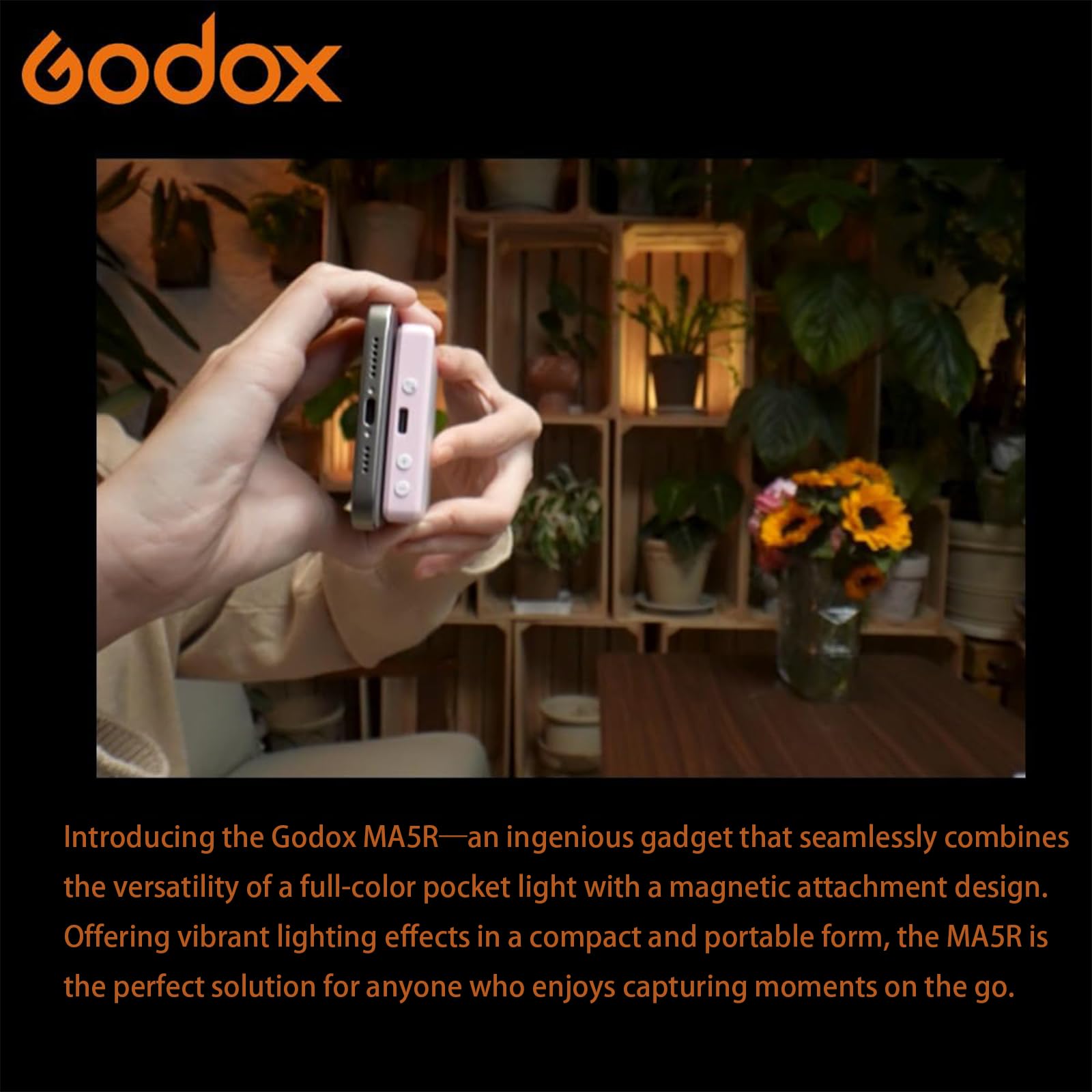Godox MA5R Lampe Vidéo LED RGB 2-en-1 avec Recharge Magnétique, CCT 1800K-10000K, 14 Effets Lumineux, Lumière de Remplissage Selfie en Couleur Complète, Compatible avec le Contrôle NFC via APP (Blanc)