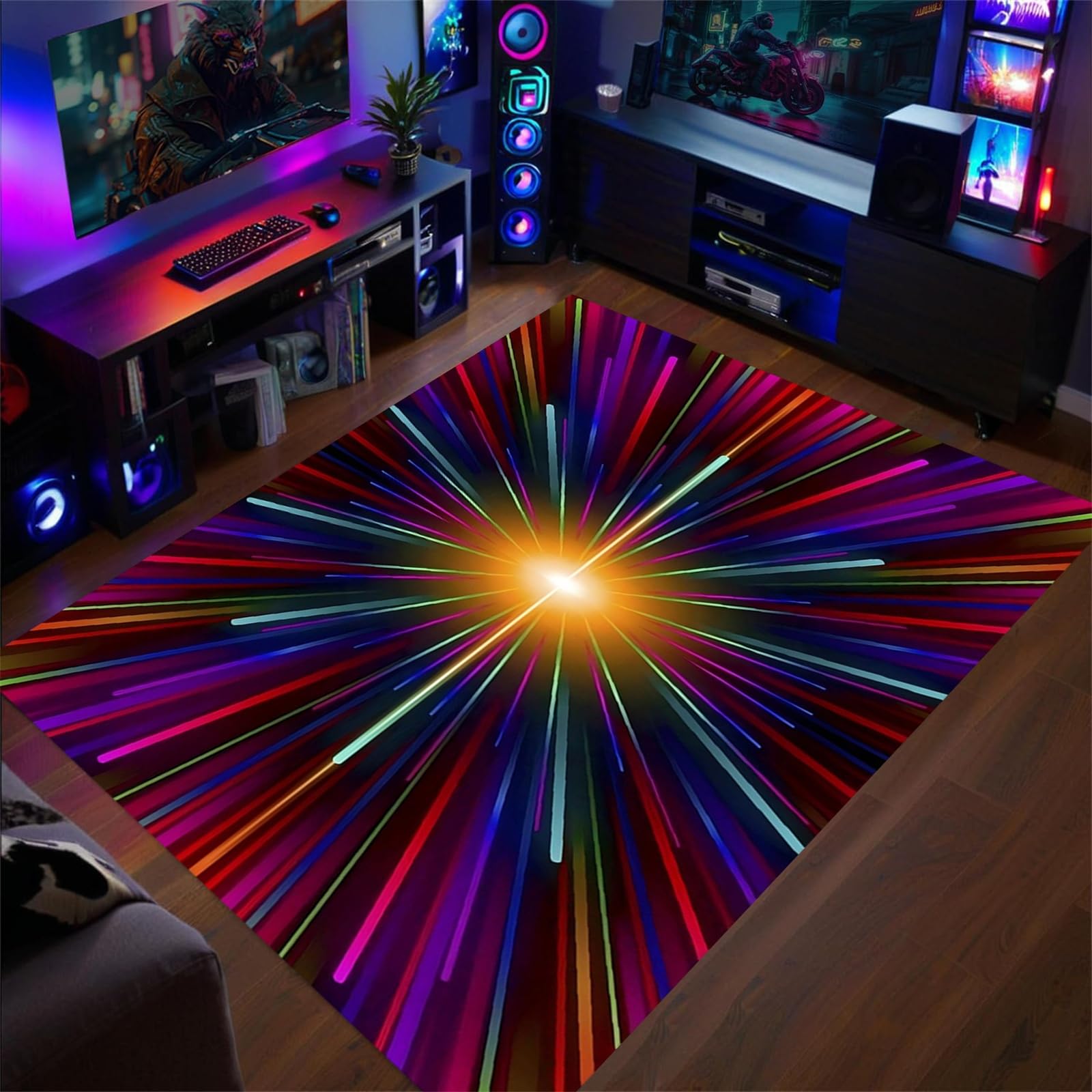 AOESELN 160x230 Cm Colorful Stripes Area Rug Modern Art Opitcal Illsuion Abstract Rugs for Kids Playroom Bedroom Blue Lights Striped Area Rug Room Decor Floor Carpet Mats Low Pile
