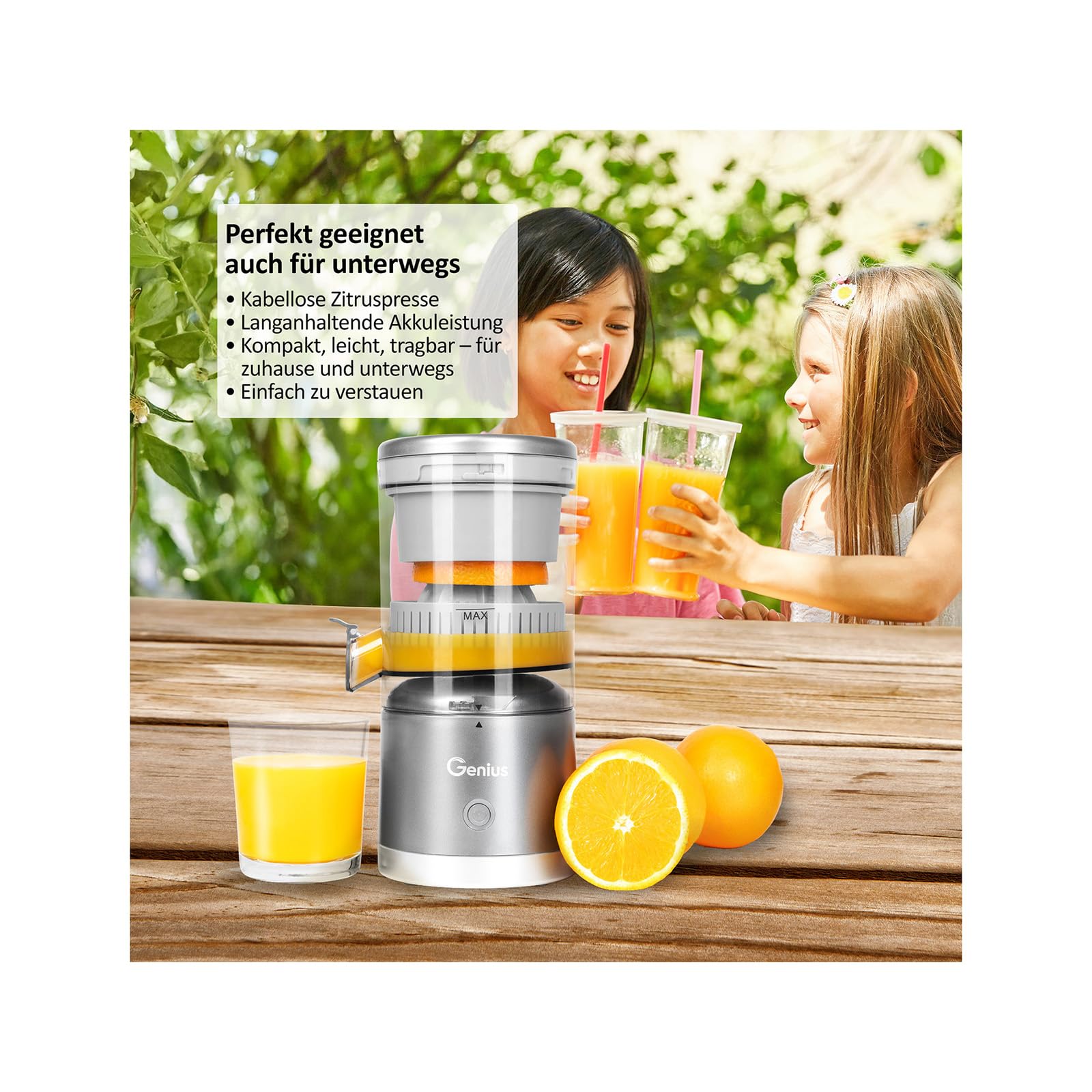 Genius Nicer Dicer - Exprimidor de cítricos (6 piezas, exprimidor eléctrico, exprimidor de naranjas, duración de la batería de hasta 25 min, 45 W, depósito de 200 ml, apto para lavavajillas)